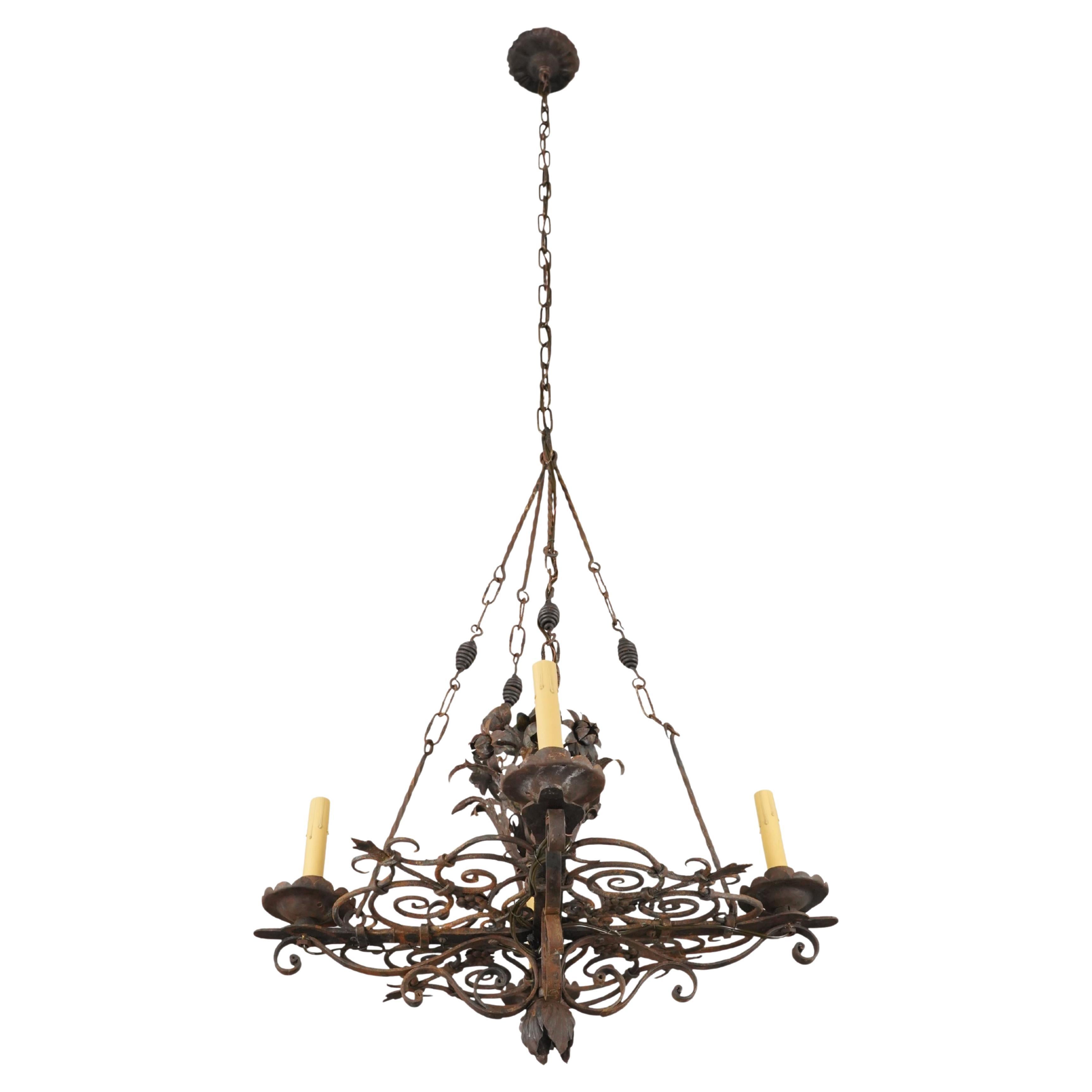 Antique French Wrought Iron Four Arm Chandelier