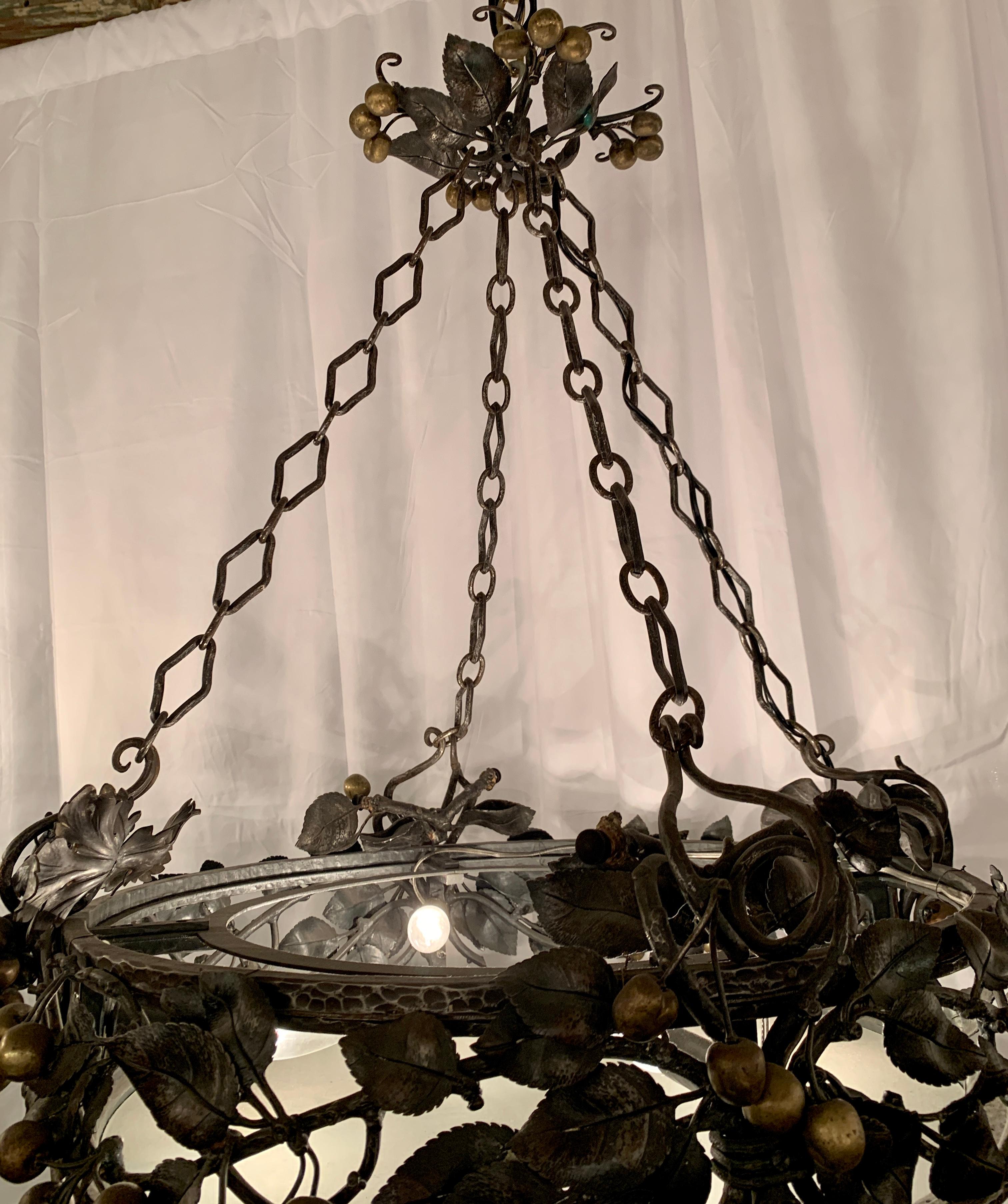 Antique French wrought iron & glass chandelier, grape bunches & pears motif, Circa 1890.