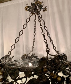 Antique French Wrought Iron & Glass Chandelier, Grapes & Pears Motif, Circa 1890
