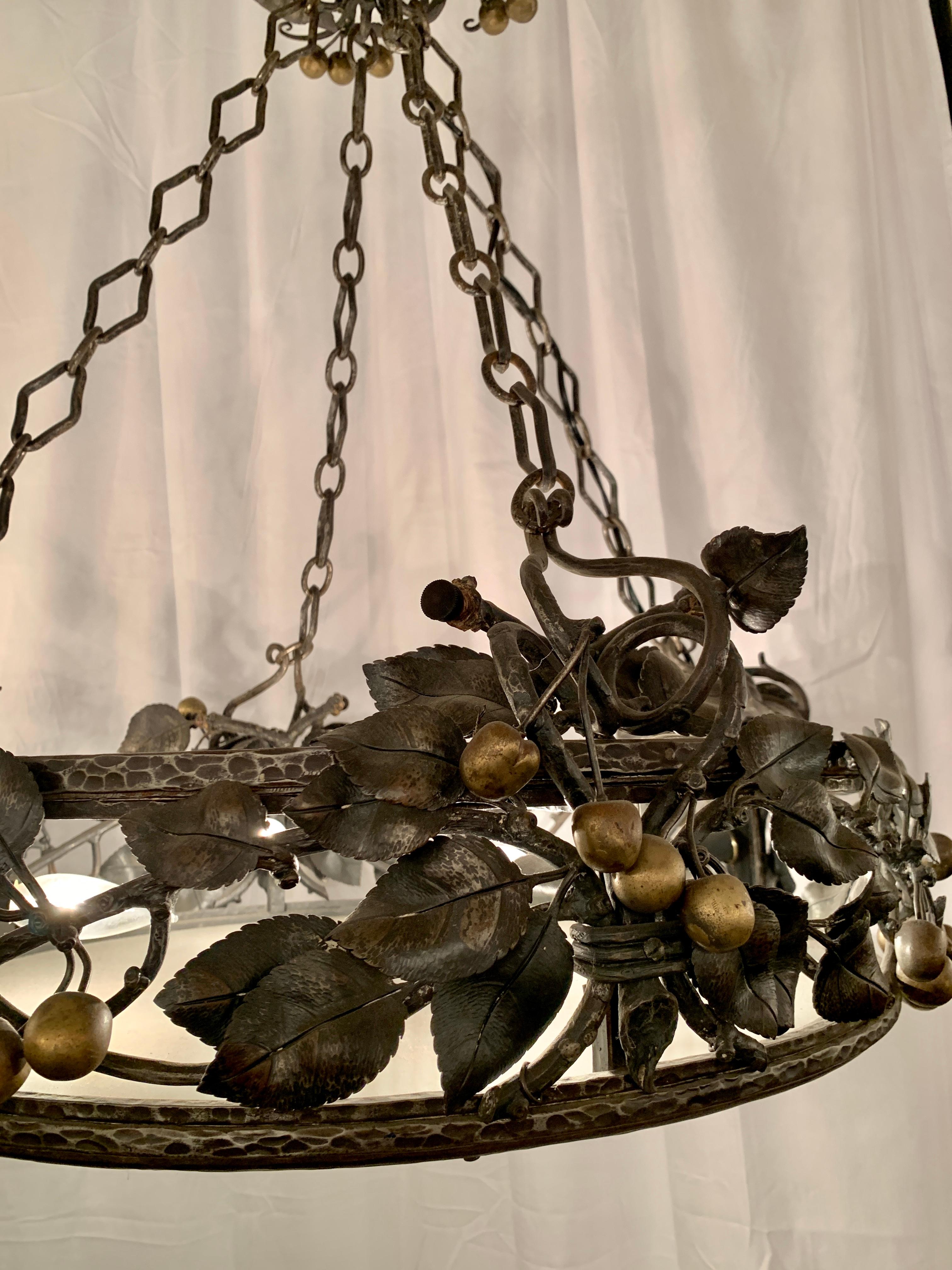Late 19th Century Antique French Wrought Iron & Glass Chandelier, Grapes & Pears Motif, Circa 1890