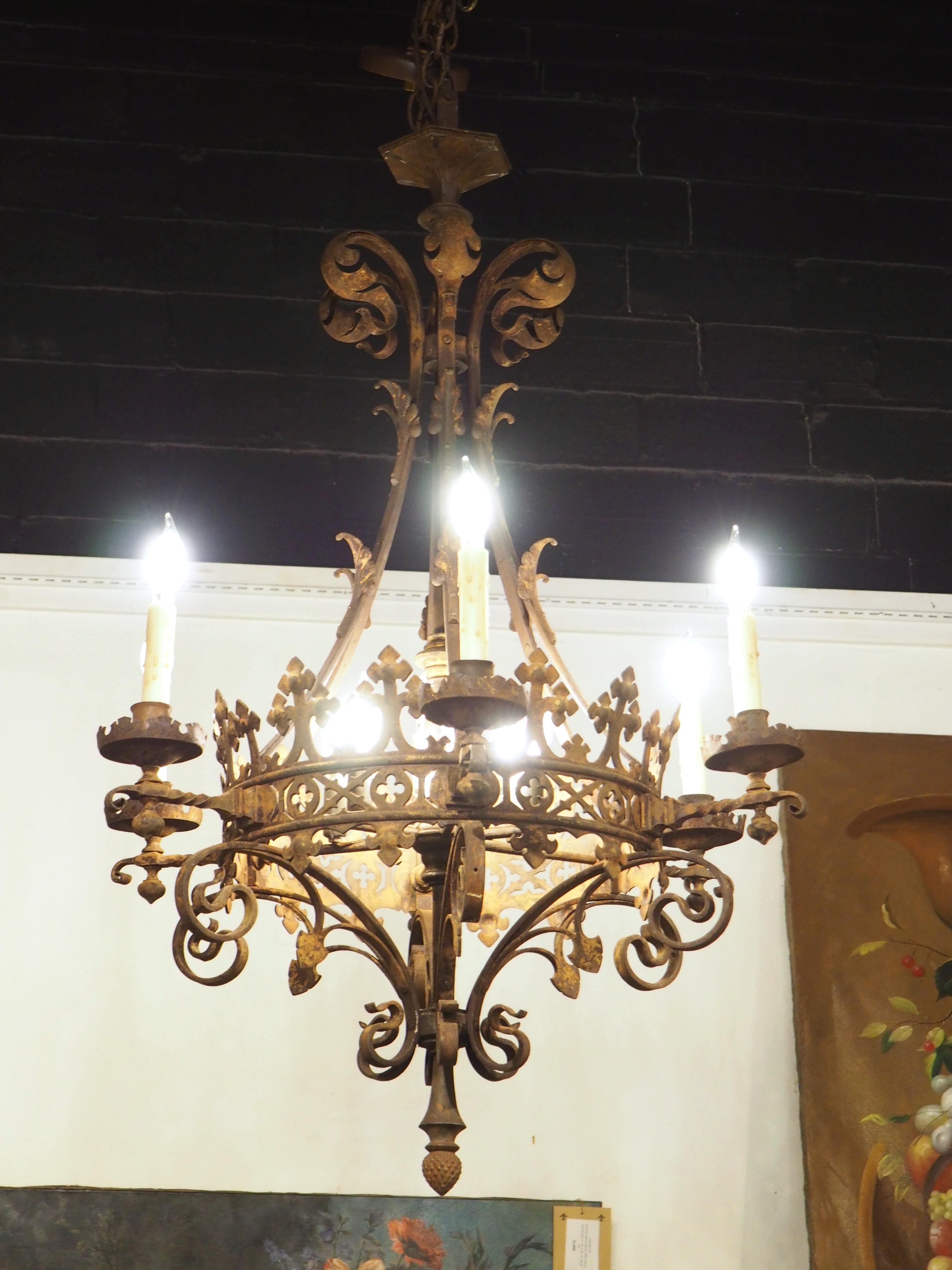 Antique French Wrought Iron Gothic Style Chandelier, Circa 1880 In Good Condition For Sale In Dallas, TX