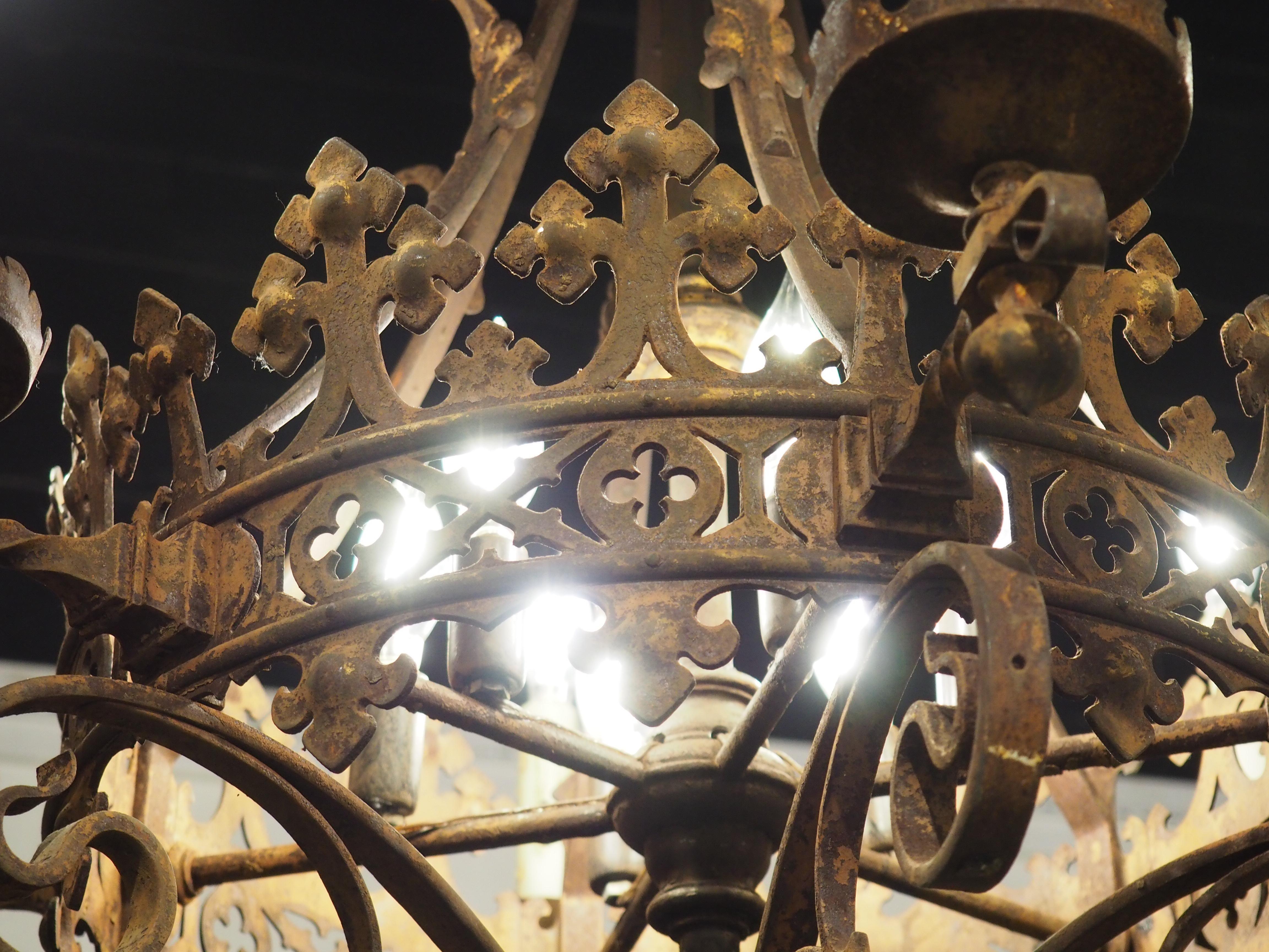 Metal Antique French Wrought Iron Gothic Style Chandelier, Circa 1880 For Sale