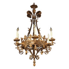 Antique French, lampadario in ferro battuto in stile gotico, CIRCA 1880