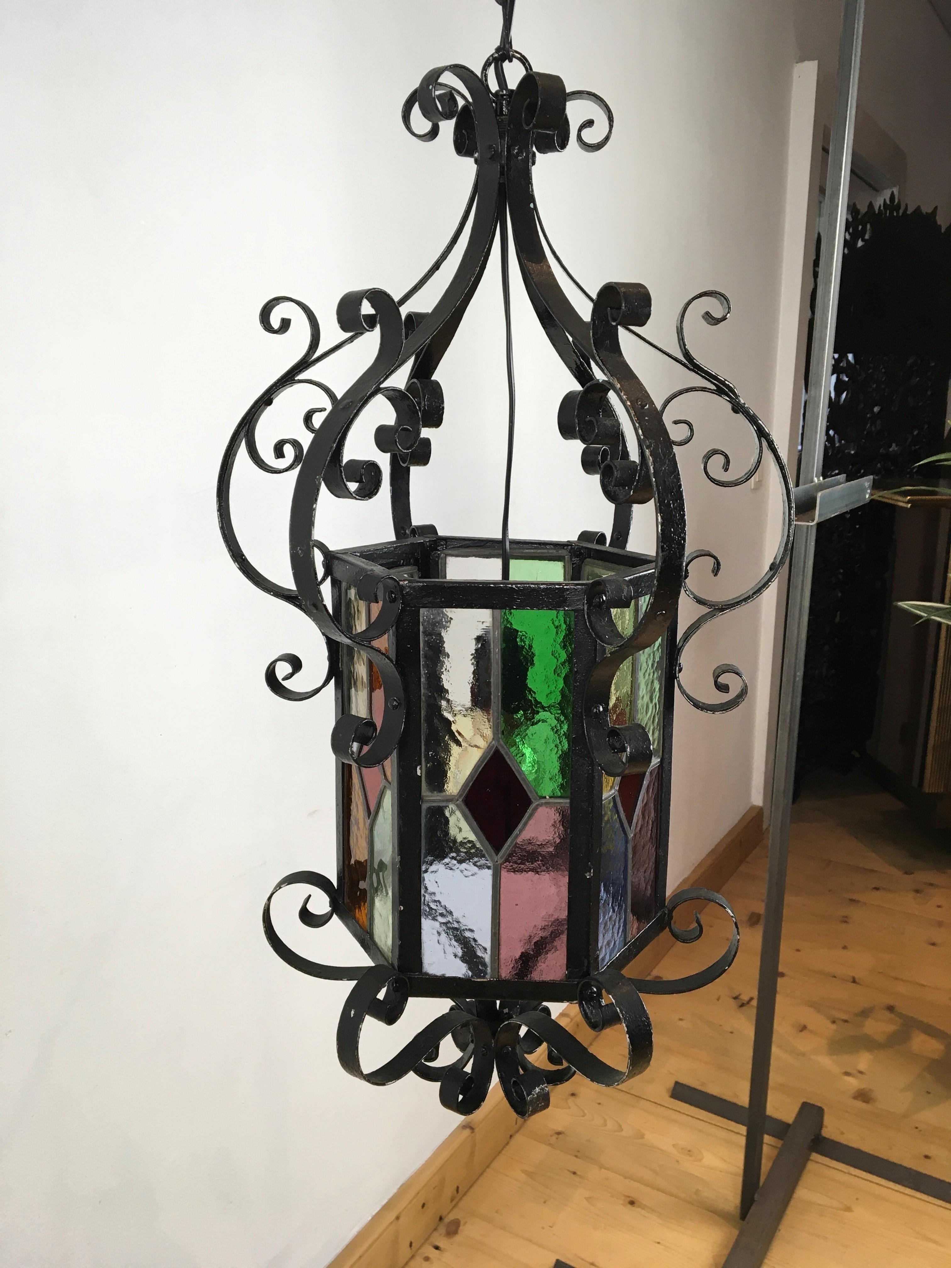 Stained Glass Antique French Wrought Iron Lantern with Leaded Glass