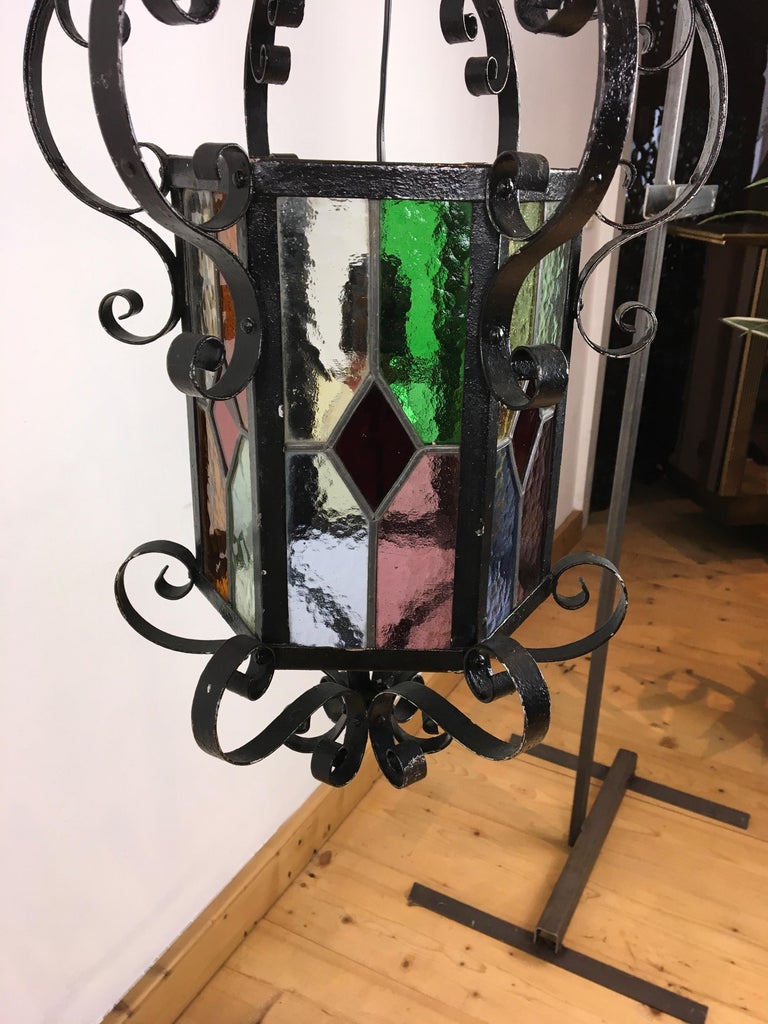 Antique French Wrought Iron Lantern with Leaded Glass 4