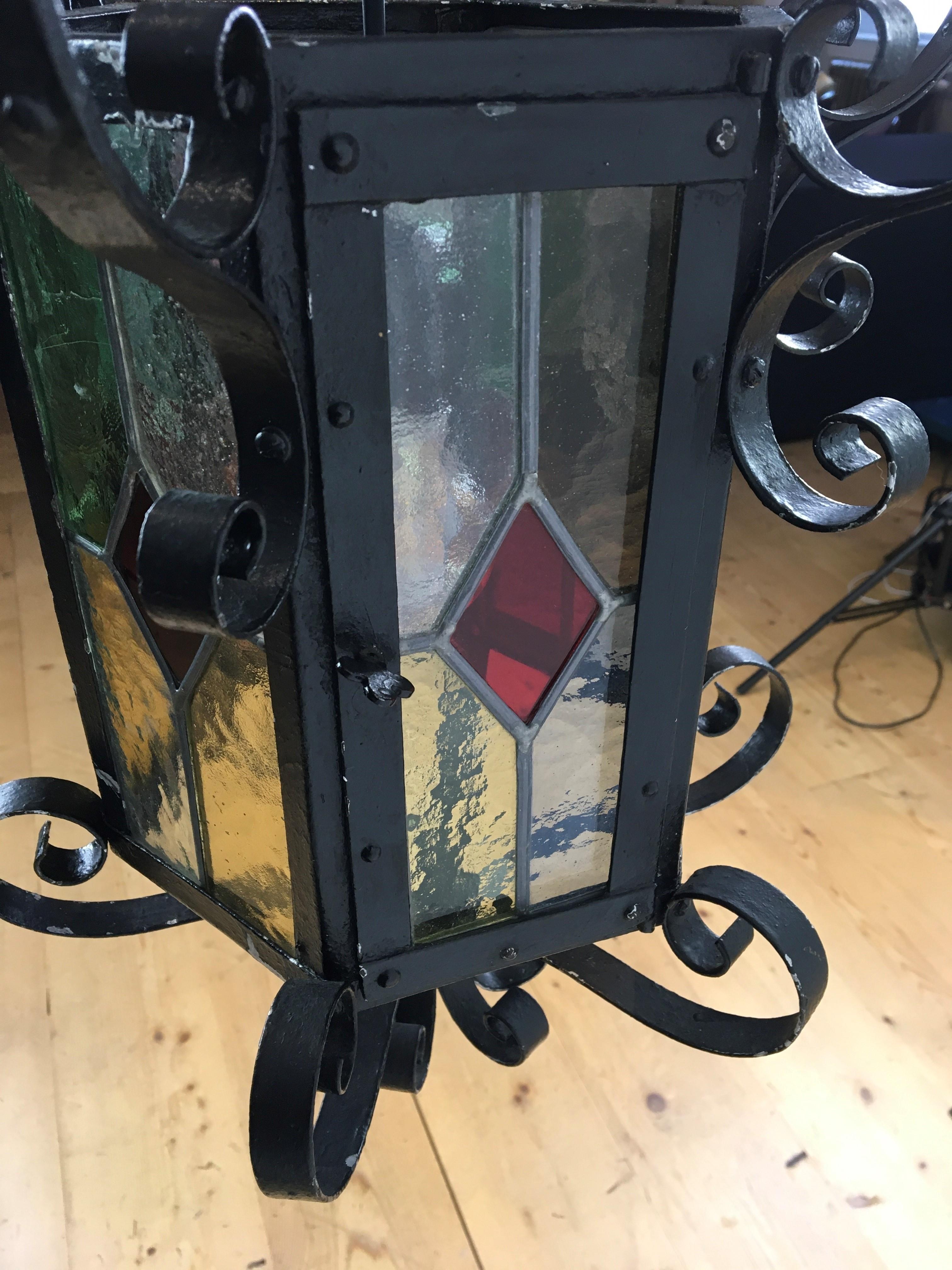Antique French Wrought Iron Lantern with Leaded Glass 2