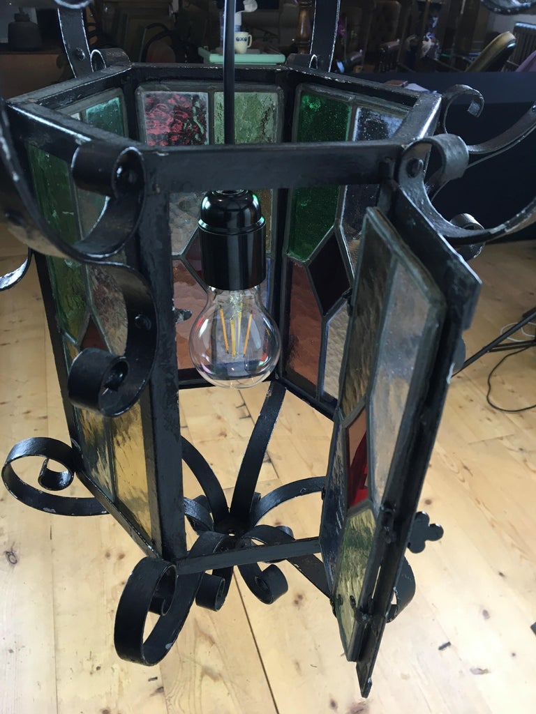 Antique French Wrought Iron Lantern with Leaded Glass 6