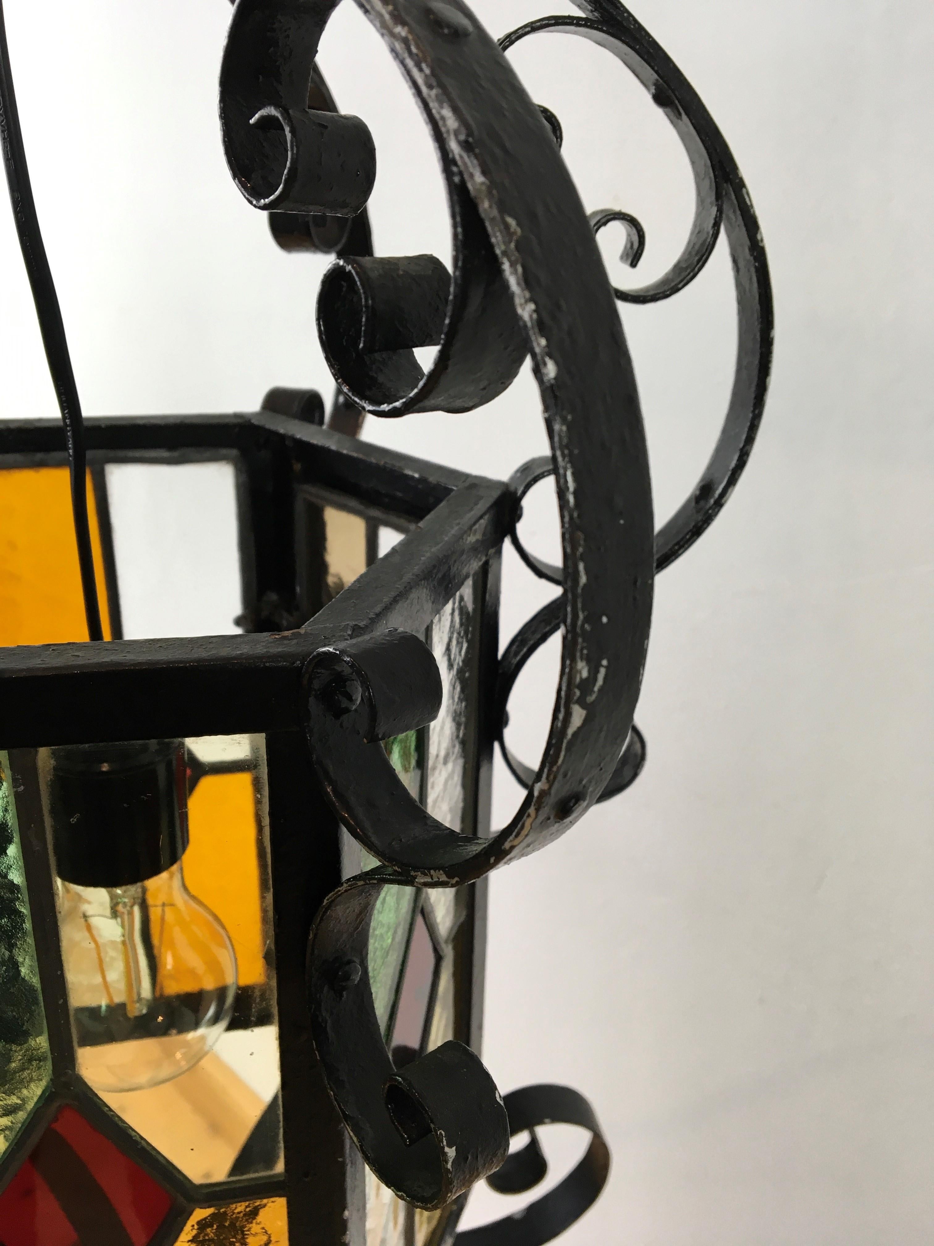 Antique French Wrought Iron Lantern with Leaded Glass 7