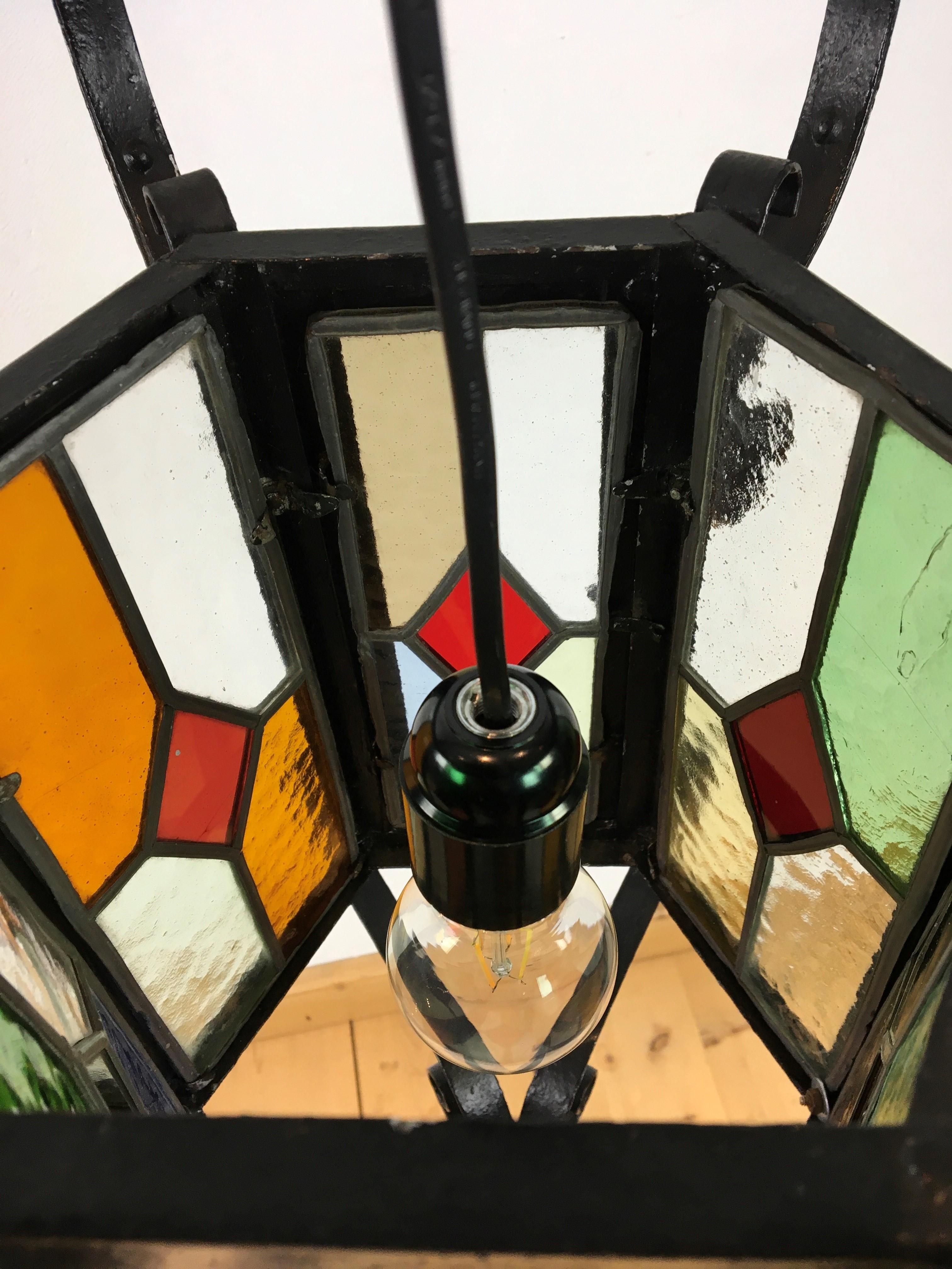 Antique French Wrought Iron Lantern with Leaded Glass 8