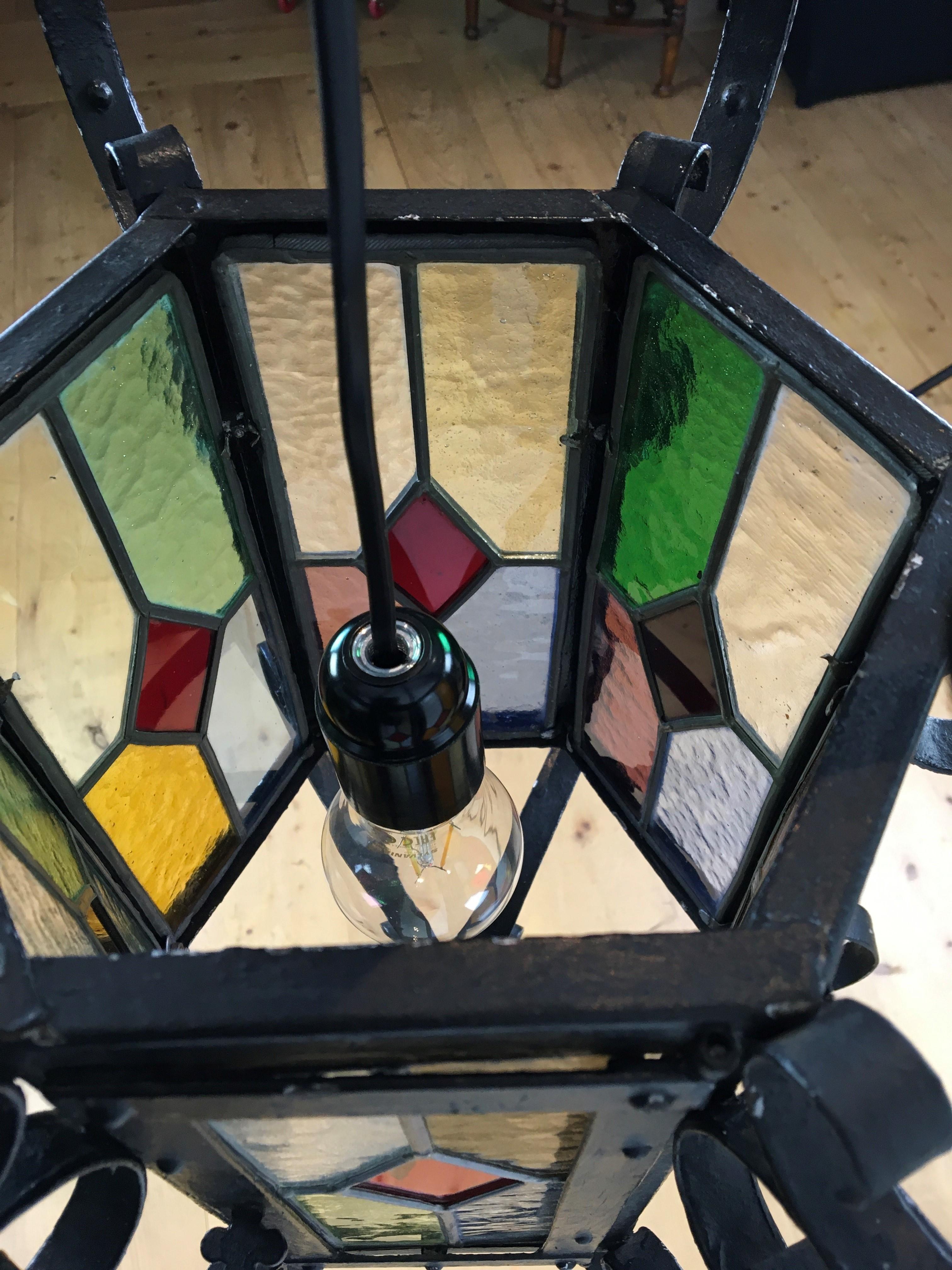 Antique French Wrought Iron Lantern with Leaded Glass 9
