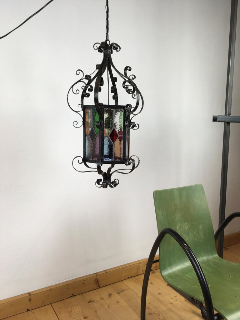 Antique French Wrought Iron Lantern with Leaded Glass 13