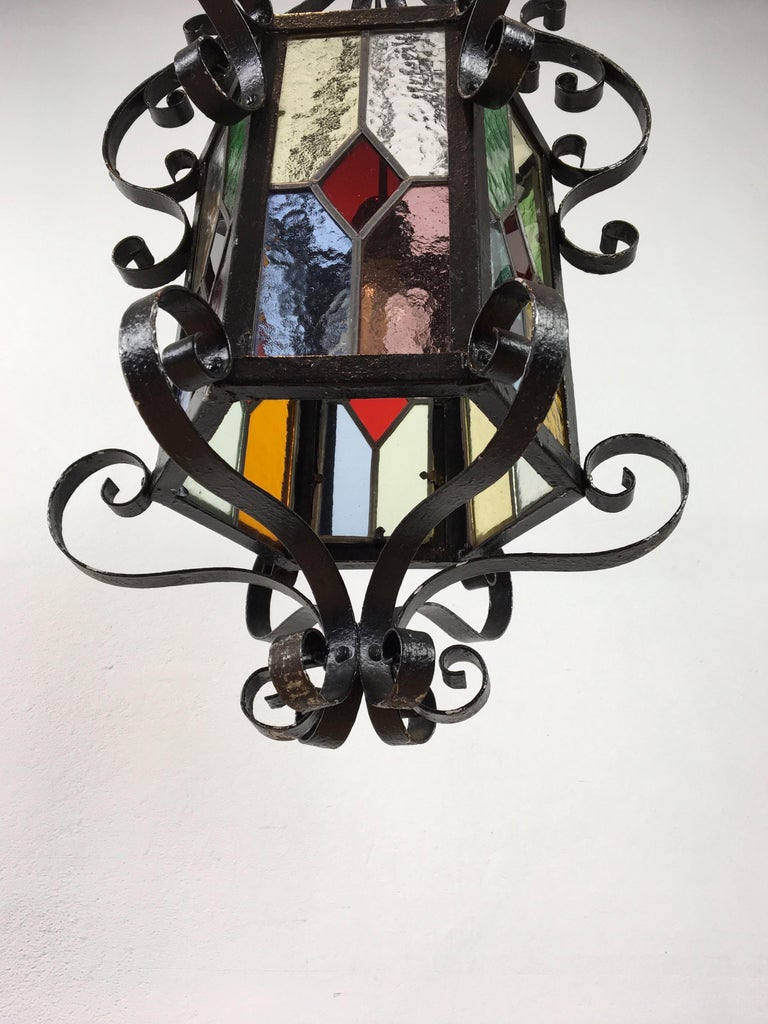Art Nouveau Antique French Wrought Iron Lantern with Leaded Glass