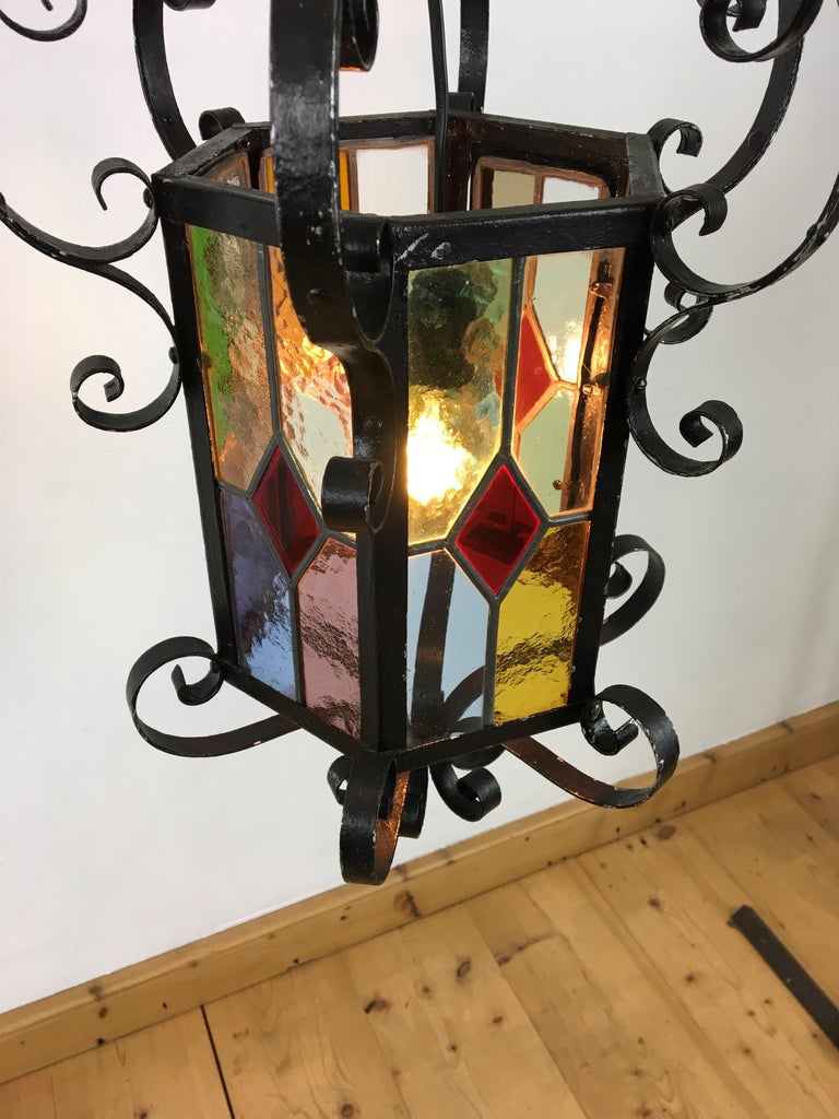 Hand-Crafted Antique French Wrought Iron Lantern with Leaded Glass