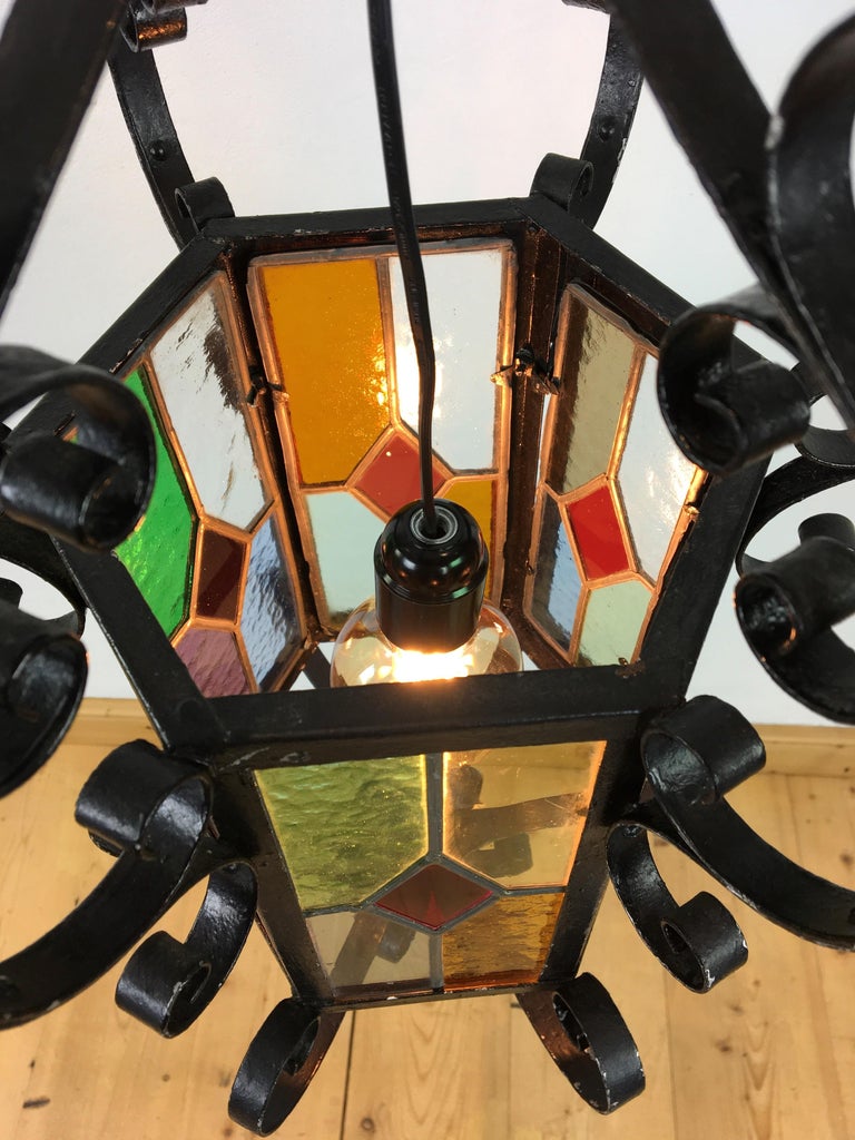 Antique French Wrought Iron Lantern with Leaded Glass In Good Condition In Antwerp, BE