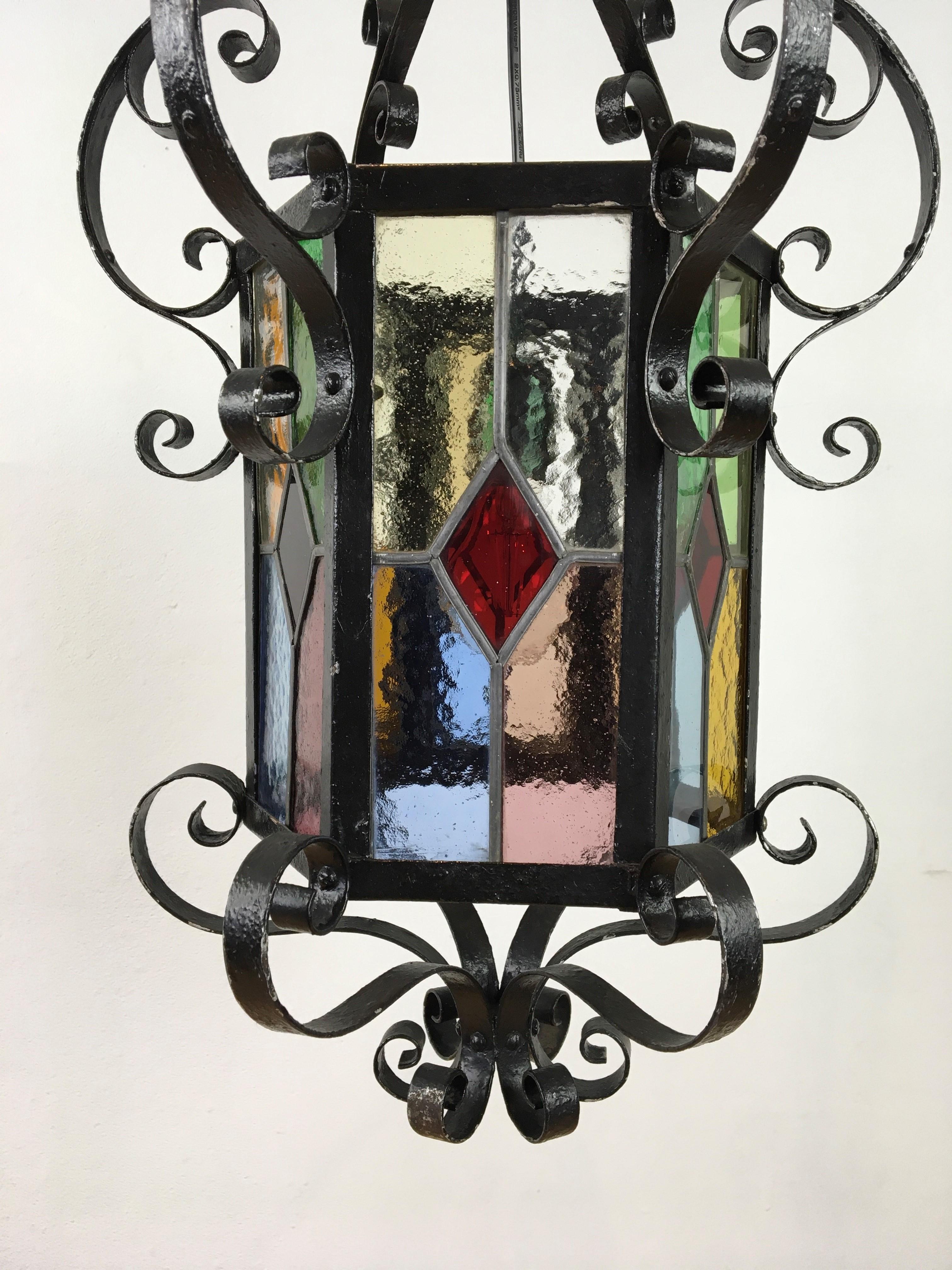 Hand-Crafted Antique French Wrought Iron Lantern with Leaded Glass