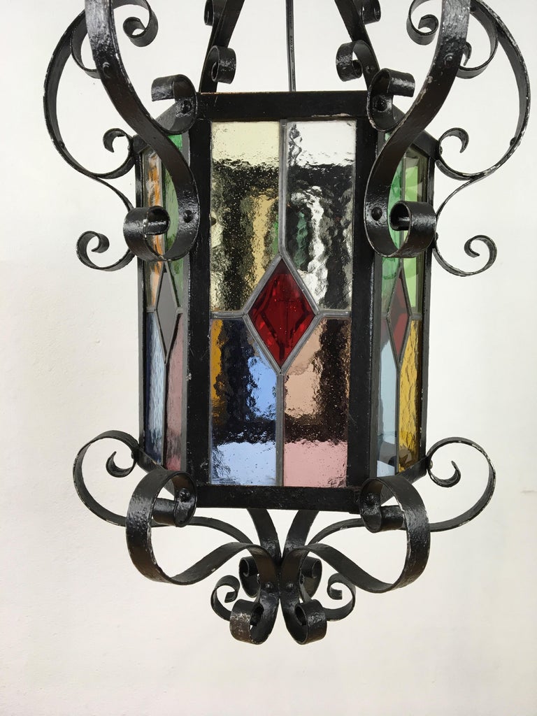 Stained Glass Antique French Wrought Iron Lantern with Leaded Glass