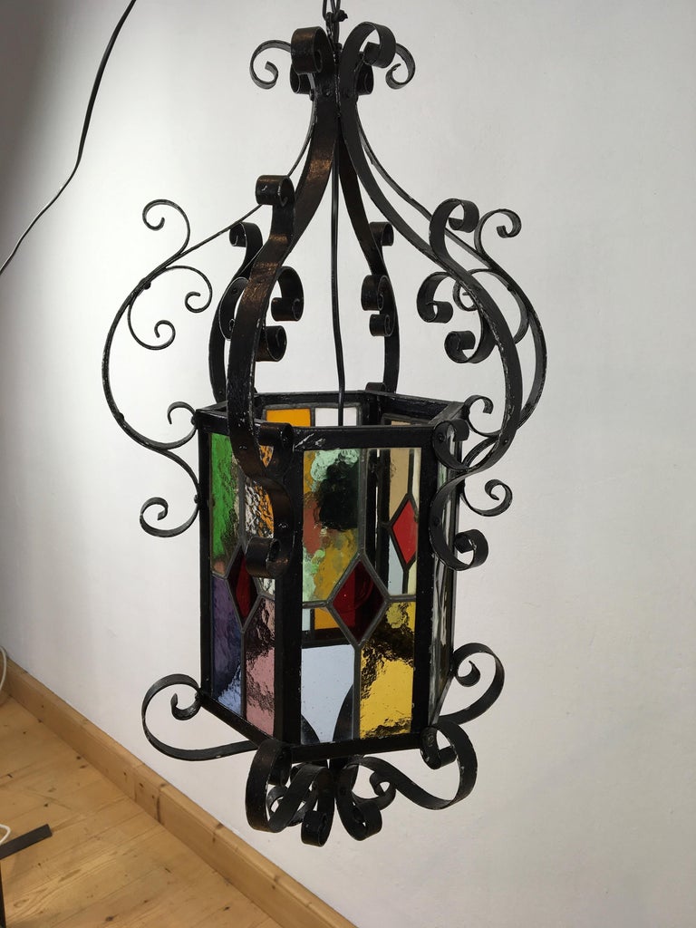 Antique French Wrought Iron Lantern with Leaded Glass 1