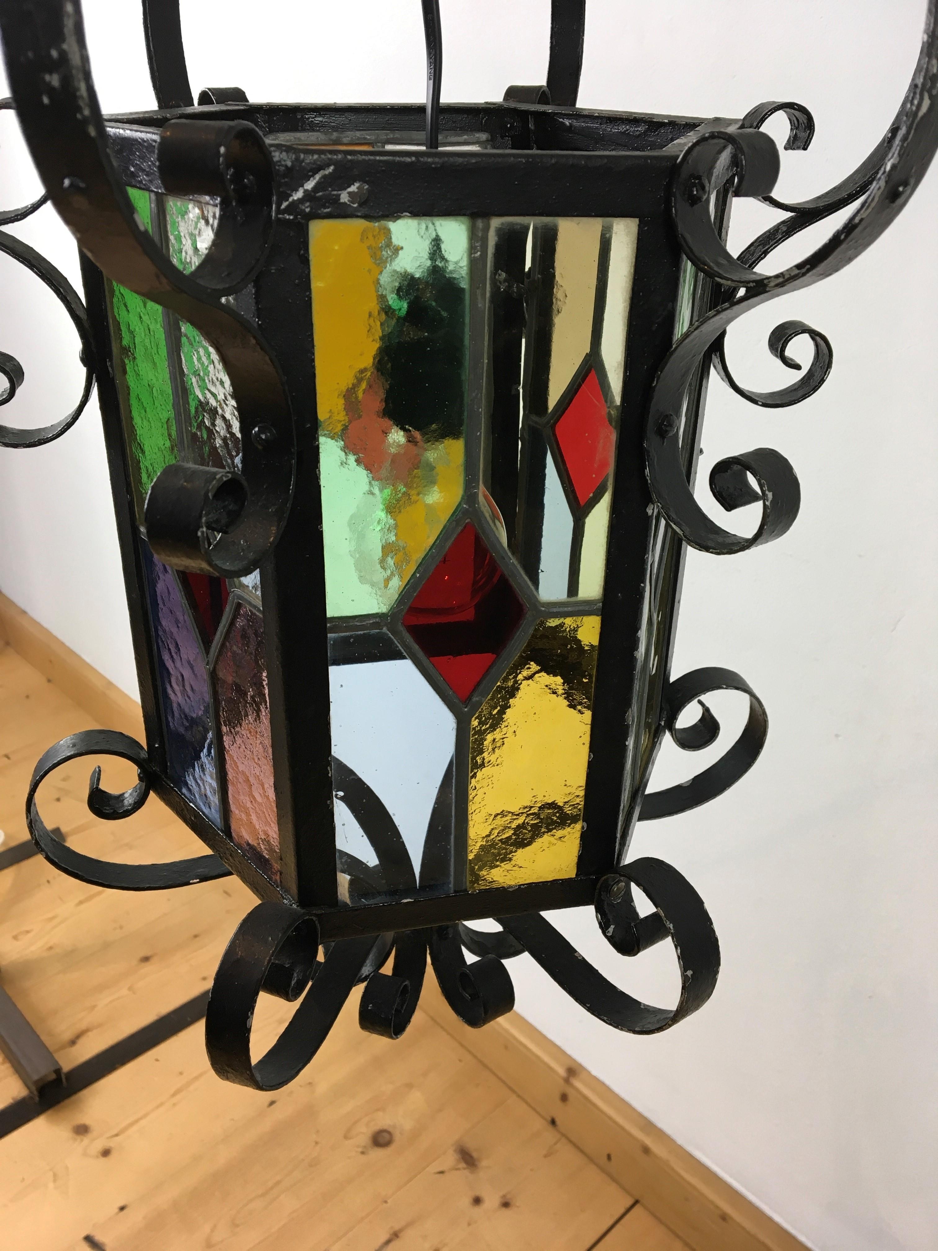 20th Century Antique French Wrought Iron Lantern with Leaded Glass