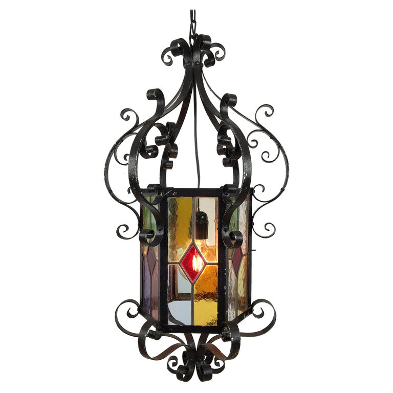 Antique French Wrought Iron Lantern with Leaded Glass