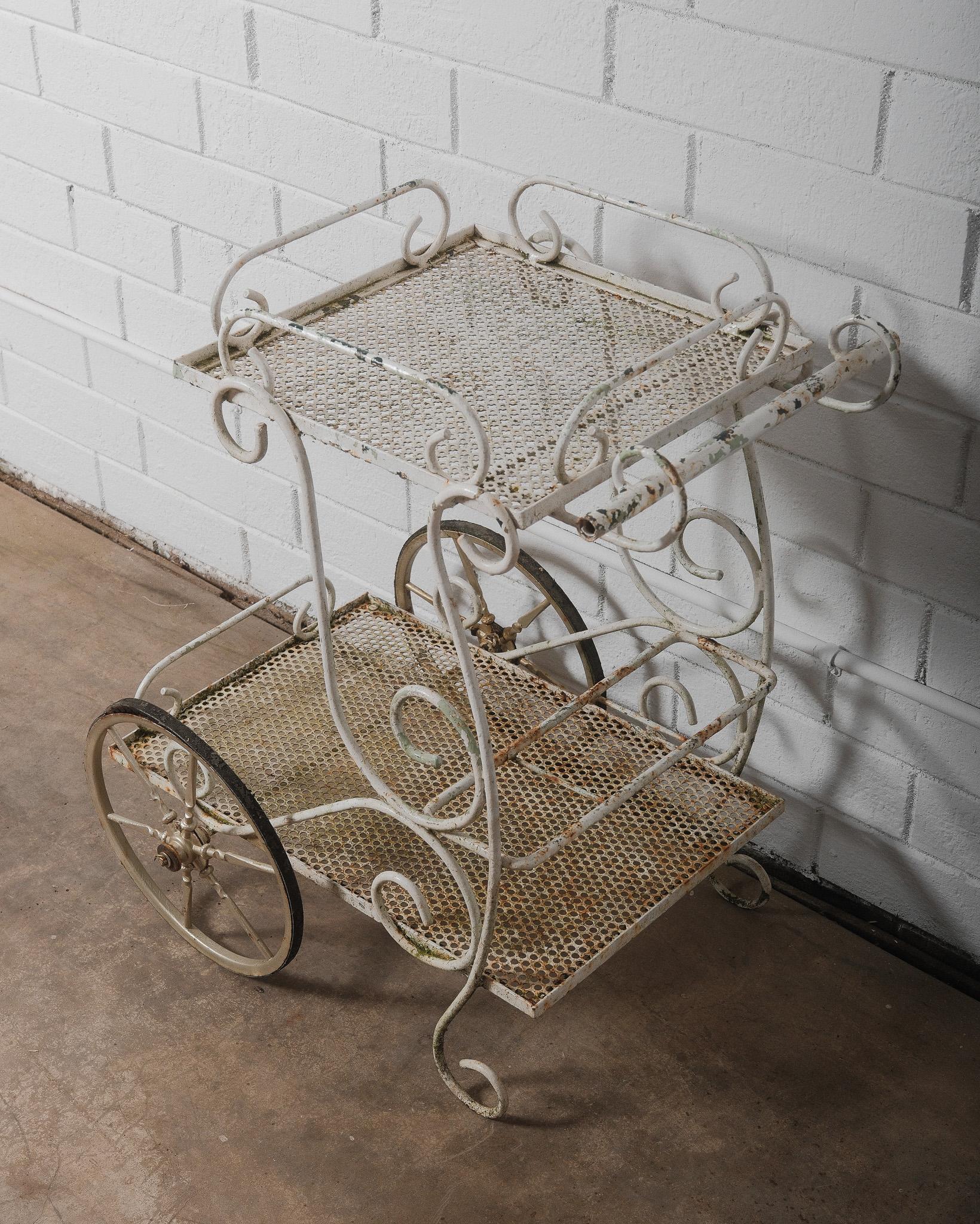 20ième siècle Antique French Wrought Iron & Mesh Bar Cart, Early 20th Century en vente