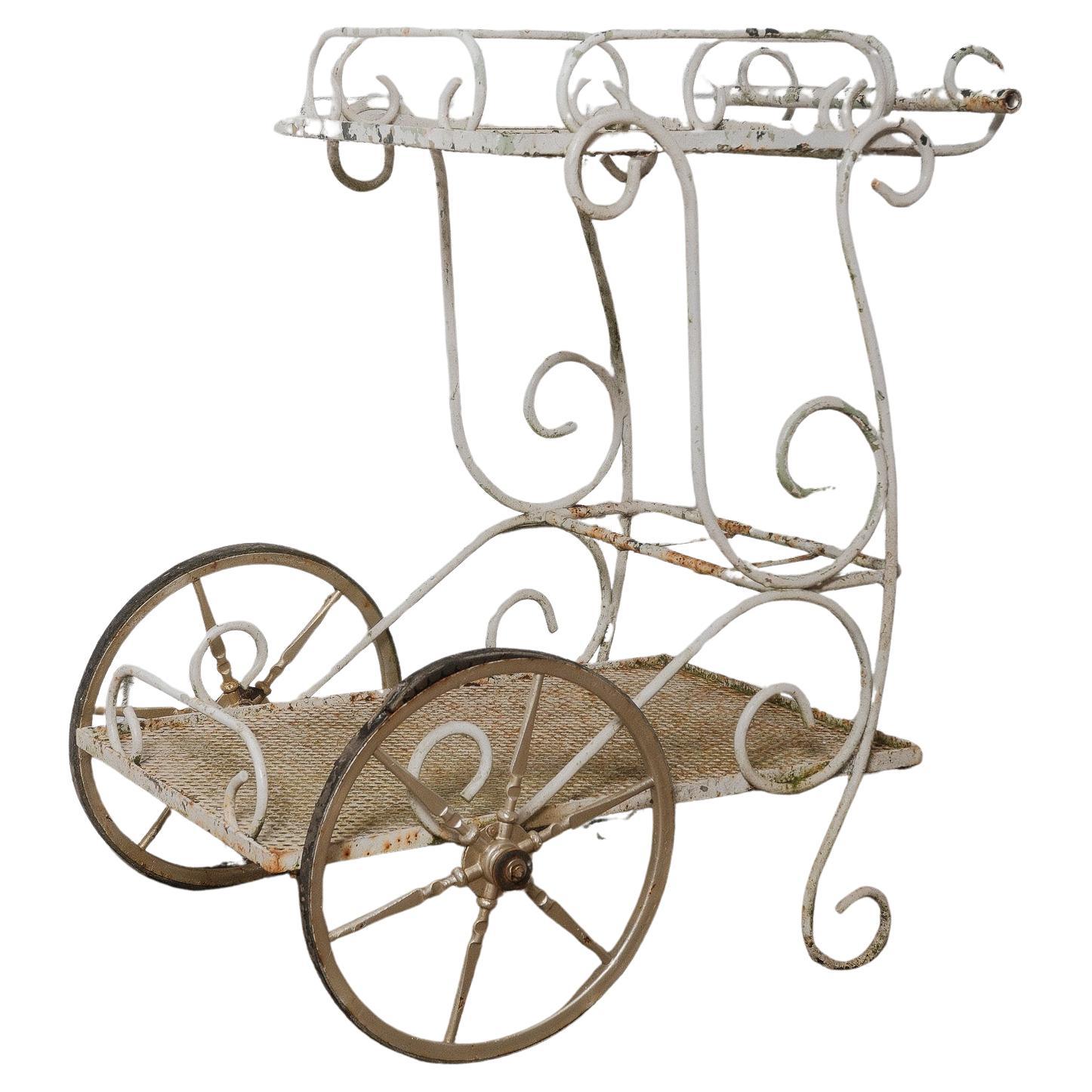 Antique French Wrought Iron & Mesh Bar Cart, Early 20th Century en vente