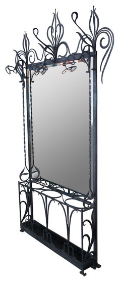 French Wrought Iron Mirror Hall Tree Coat Hat Rack Umbrella Cane Stand
