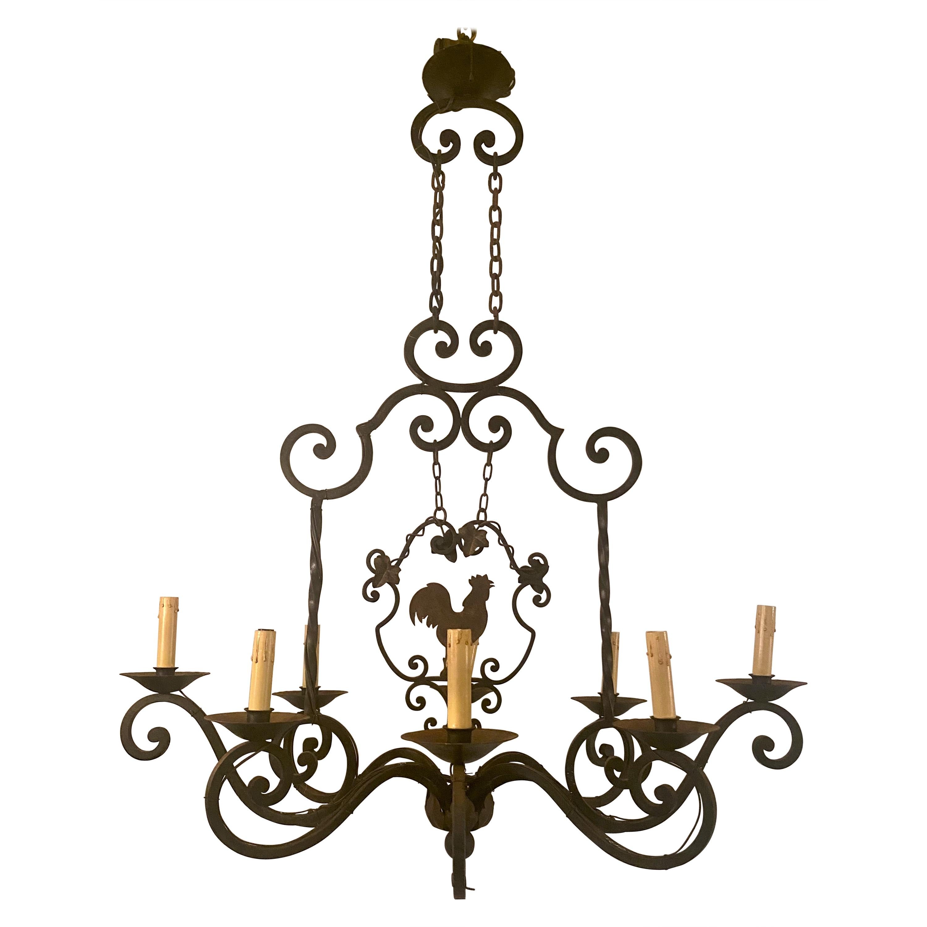 Antique French Wrought Iron "Rooster" Chandelier, Circa 1900