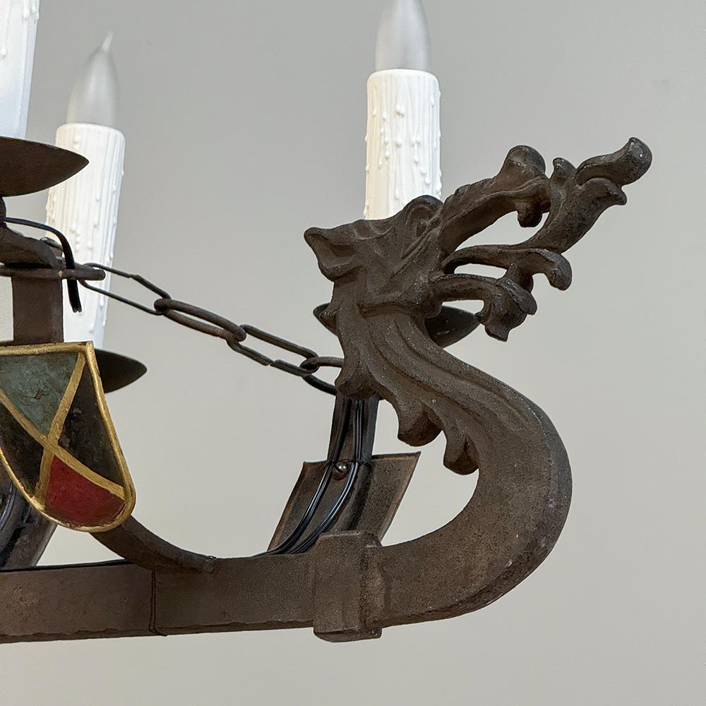 Antique French Wrought Iron Viking Long Boat Chandelier For Sale 4
