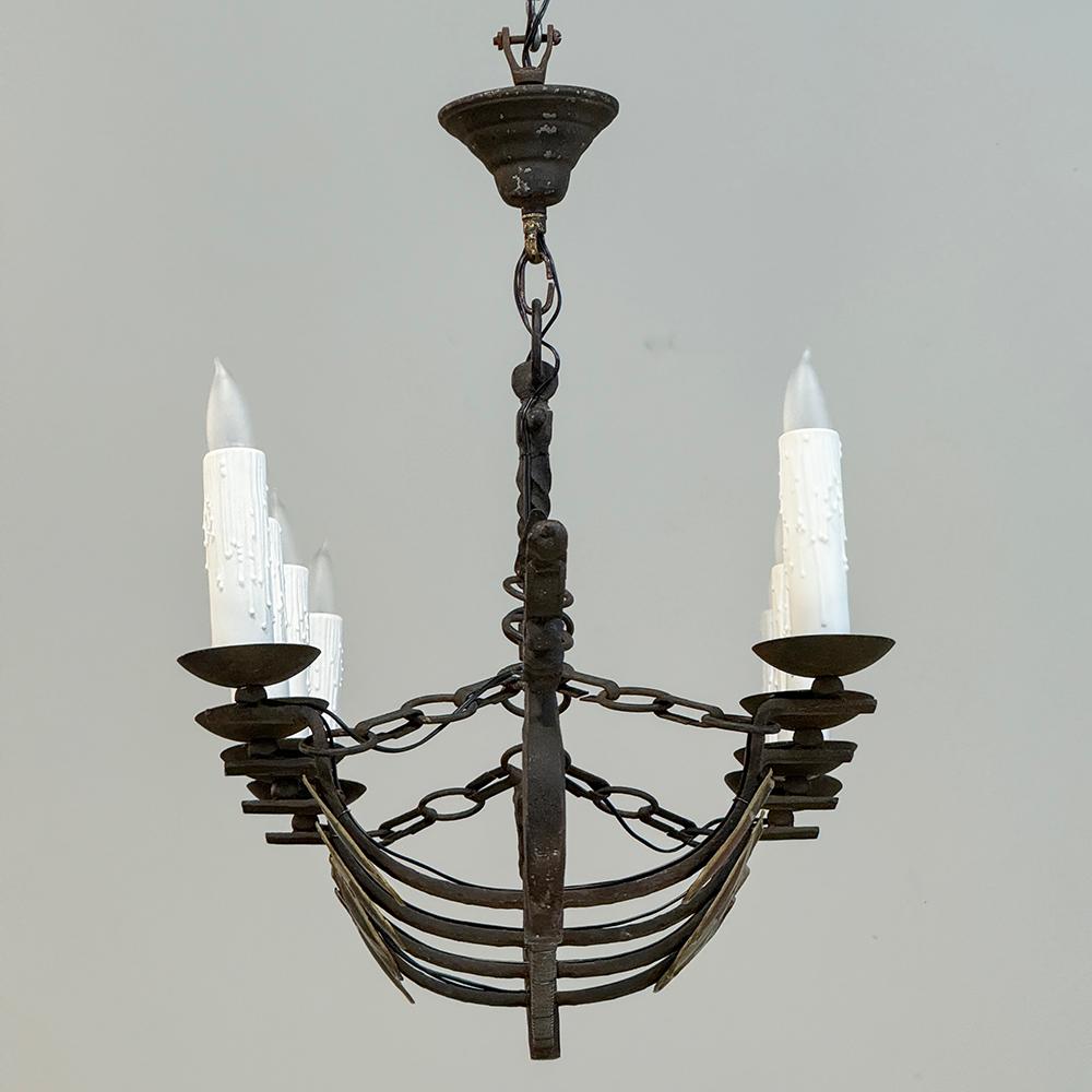 Antique French Wrought Iron Viking Long Boat Chandelier For Sale 5