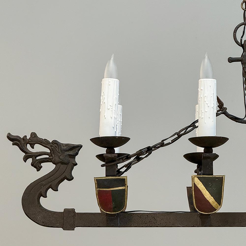 Antique French Wrought Iron Viking Long Boat Chandelier For Sale 6