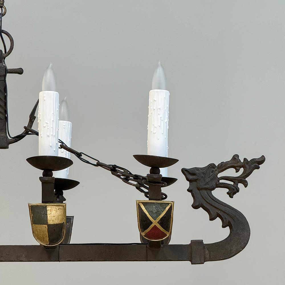 Antique French Wrought Iron Viking Long Boat Chandelier For Sale 8