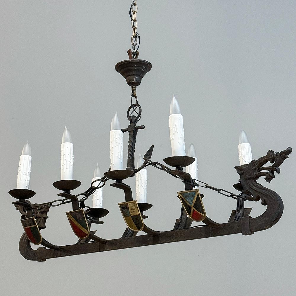 Antique French Wrought Iron Viking Long Boat Chandelier For Sale 9