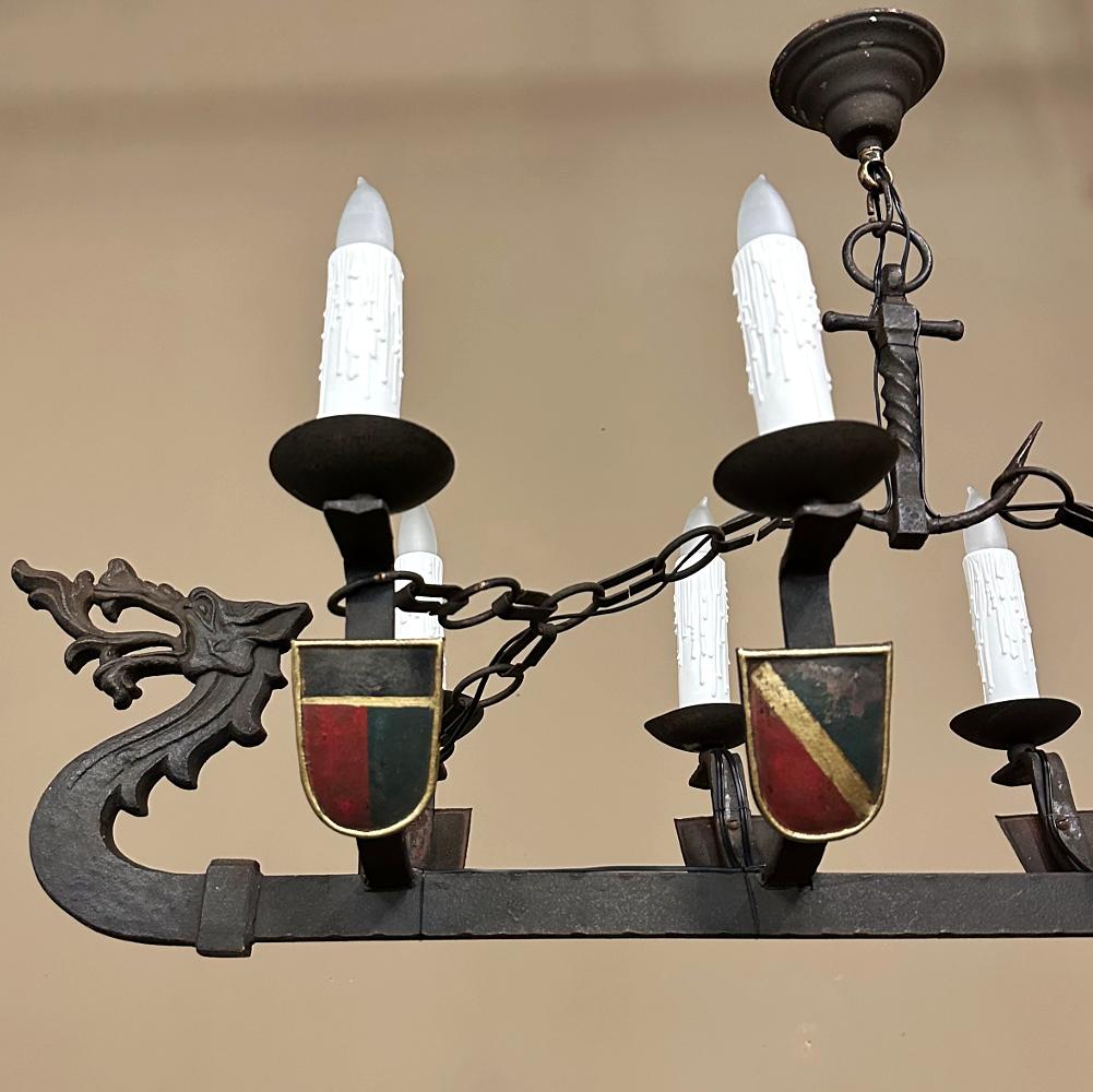 Antique French Wrought Iron Viking Long Boat Chandelier For Sale 10