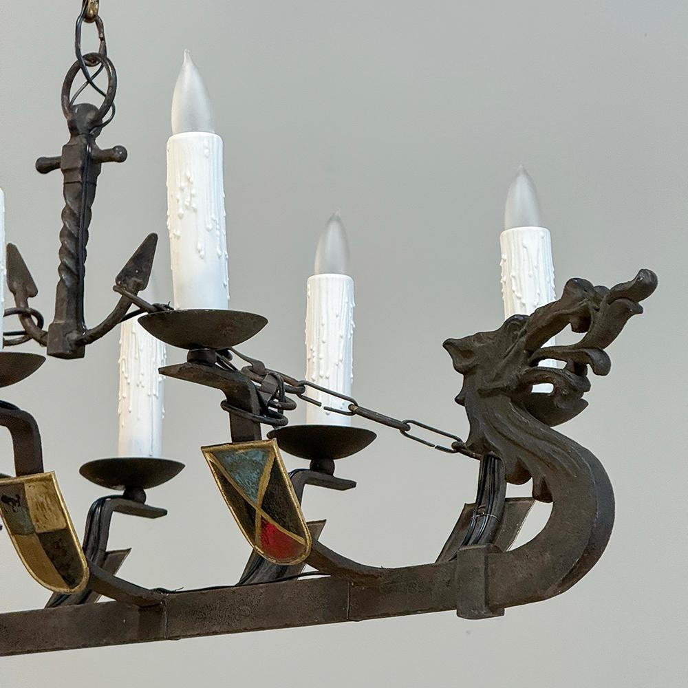 Antique French Wrought Iron Viking Long Boat Chandelier For Sale 10