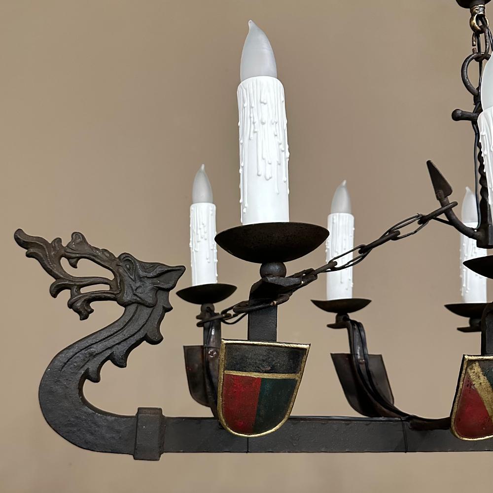 Antique French Wrought Iron Viking Long Boat Chandelier For Sale 11