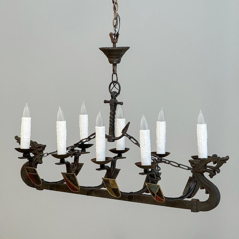 Antique French Wrought Iron Viking Long Boat Chandelier For Sale 13