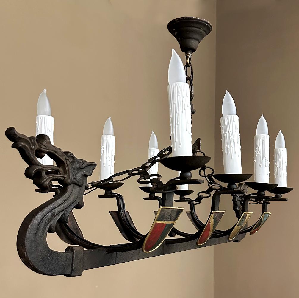 Medieval Antique French Wrought Iron Viking Long Boat Chandelier For Sale