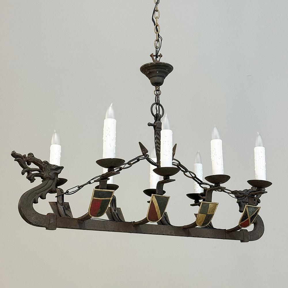 Medieval Antique French Wrought Iron Viking Long Boat Chandelier For Sale