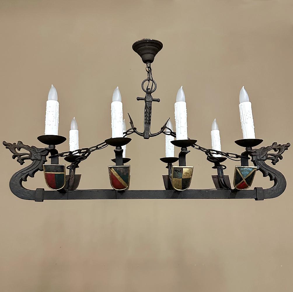 Hand-Crafted Antique French Wrought Iron Viking Long Boat Chandelier For Sale