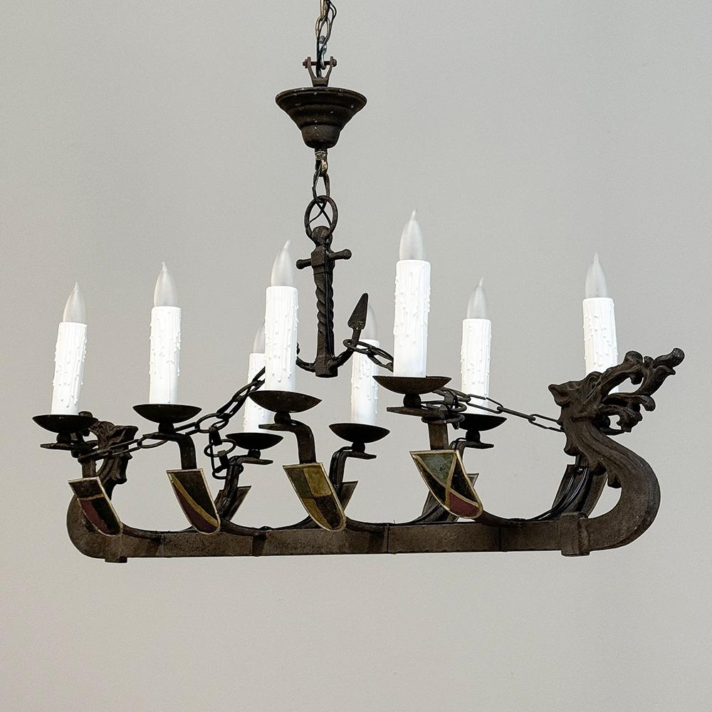 Hand-Crafted Antique French Wrought Iron Viking Long Boat Chandelier For Sale