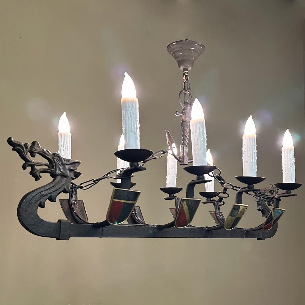 Antique French Wrought Iron Viking Long Boat Chandelier In Good Condition For Sale In Dallas, TX