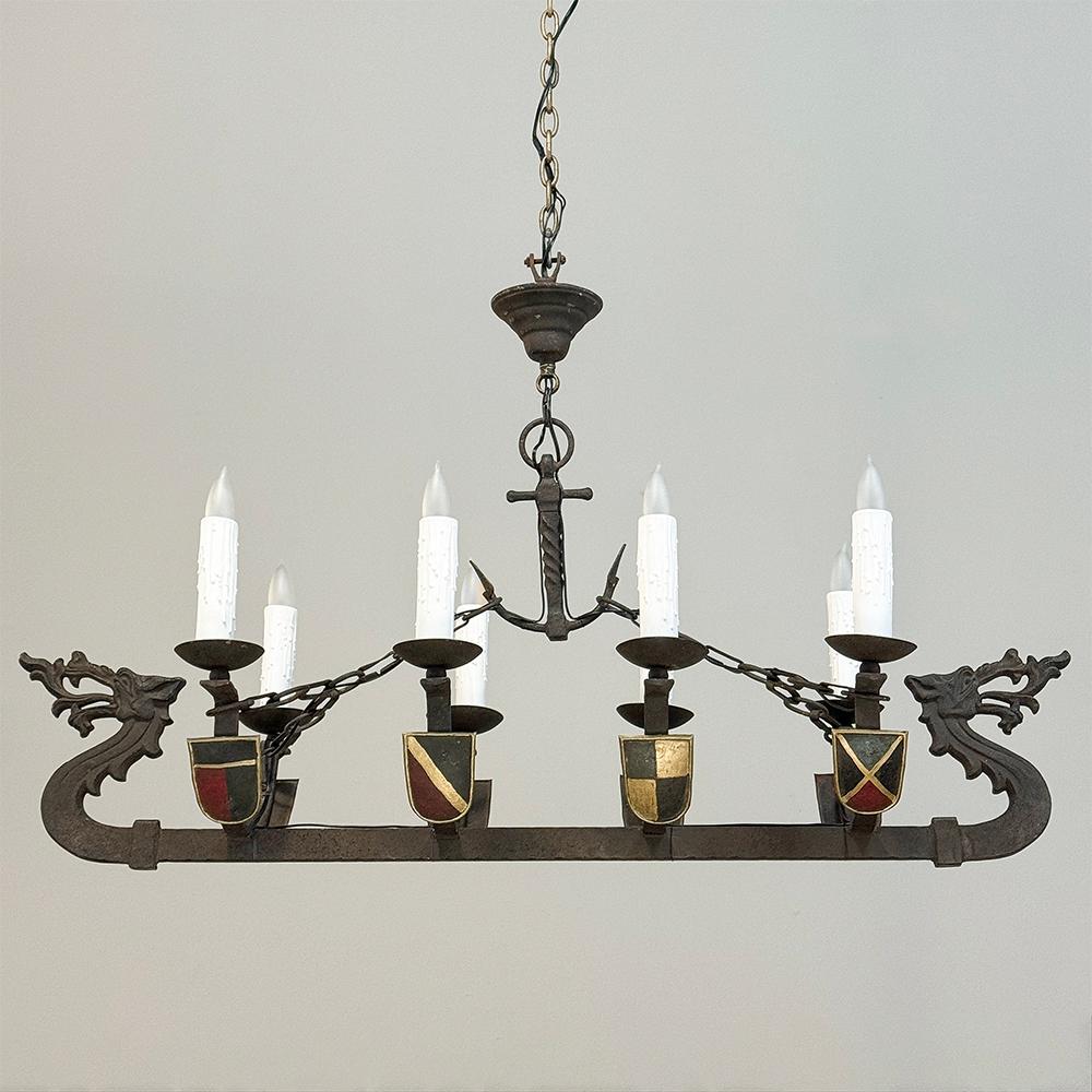 Antique French Wrought Iron Viking Long Boat Chandelier In Good Condition For Sale In Dallas, TX
