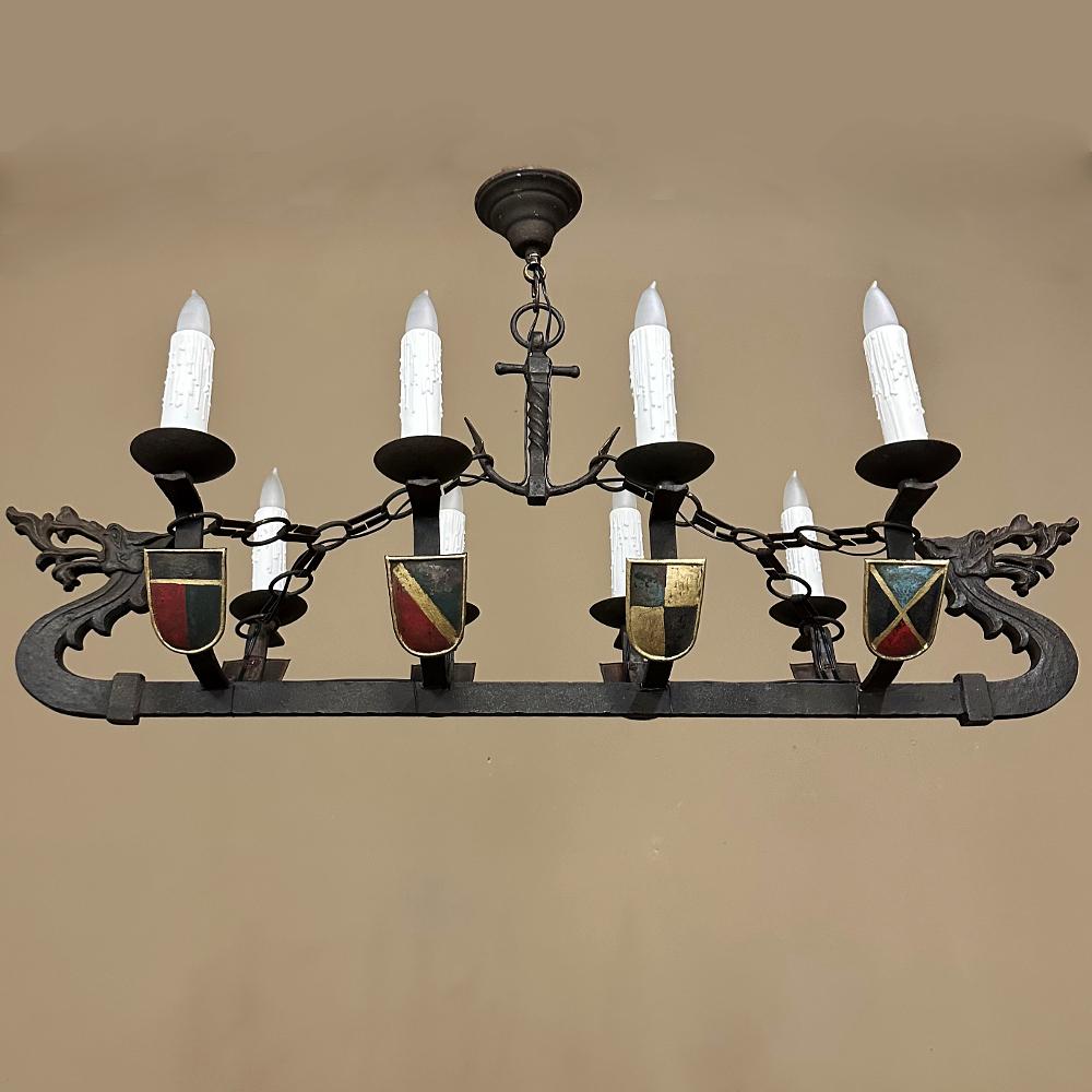 20th Century Antique French Wrought Iron Viking Long Boat Chandelier For Sale