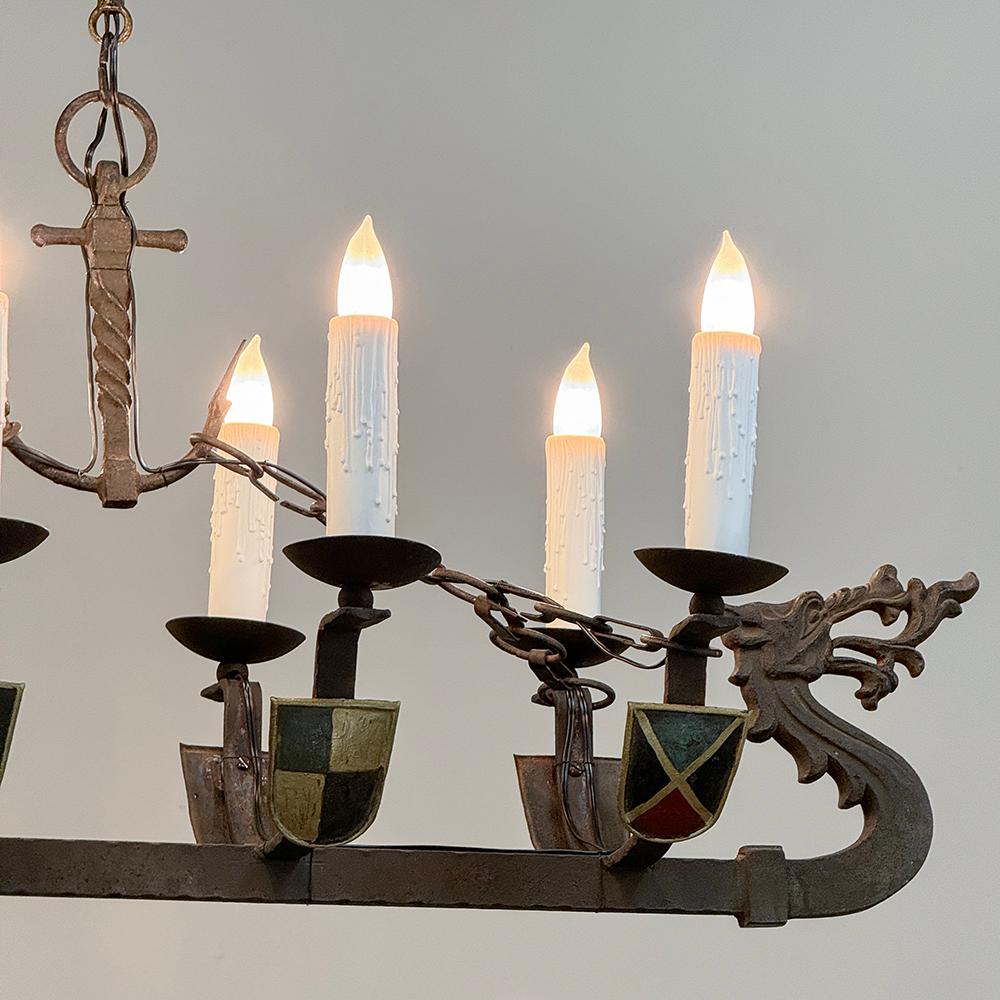 20th Century Antique French Wrought Iron Viking Long Boat Chandelier For Sale