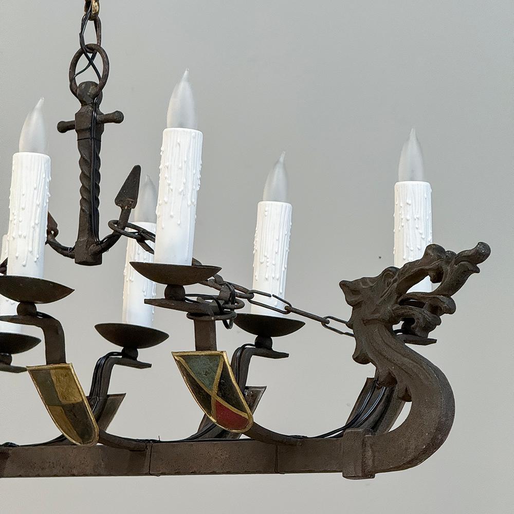 Antique French Wrought Iron Viking Long Boat Chandelier For Sale 2