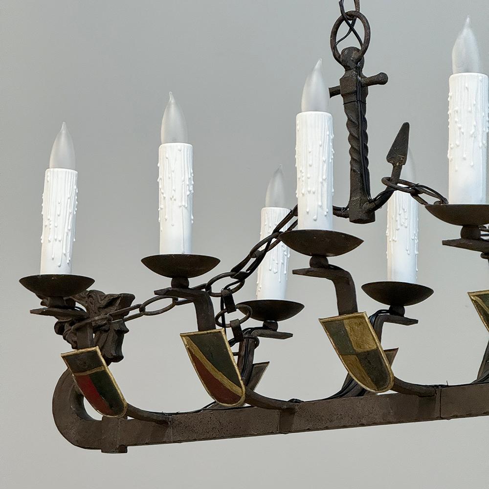 Antique French Wrought Iron Viking Long Boat Chandelier For Sale 3