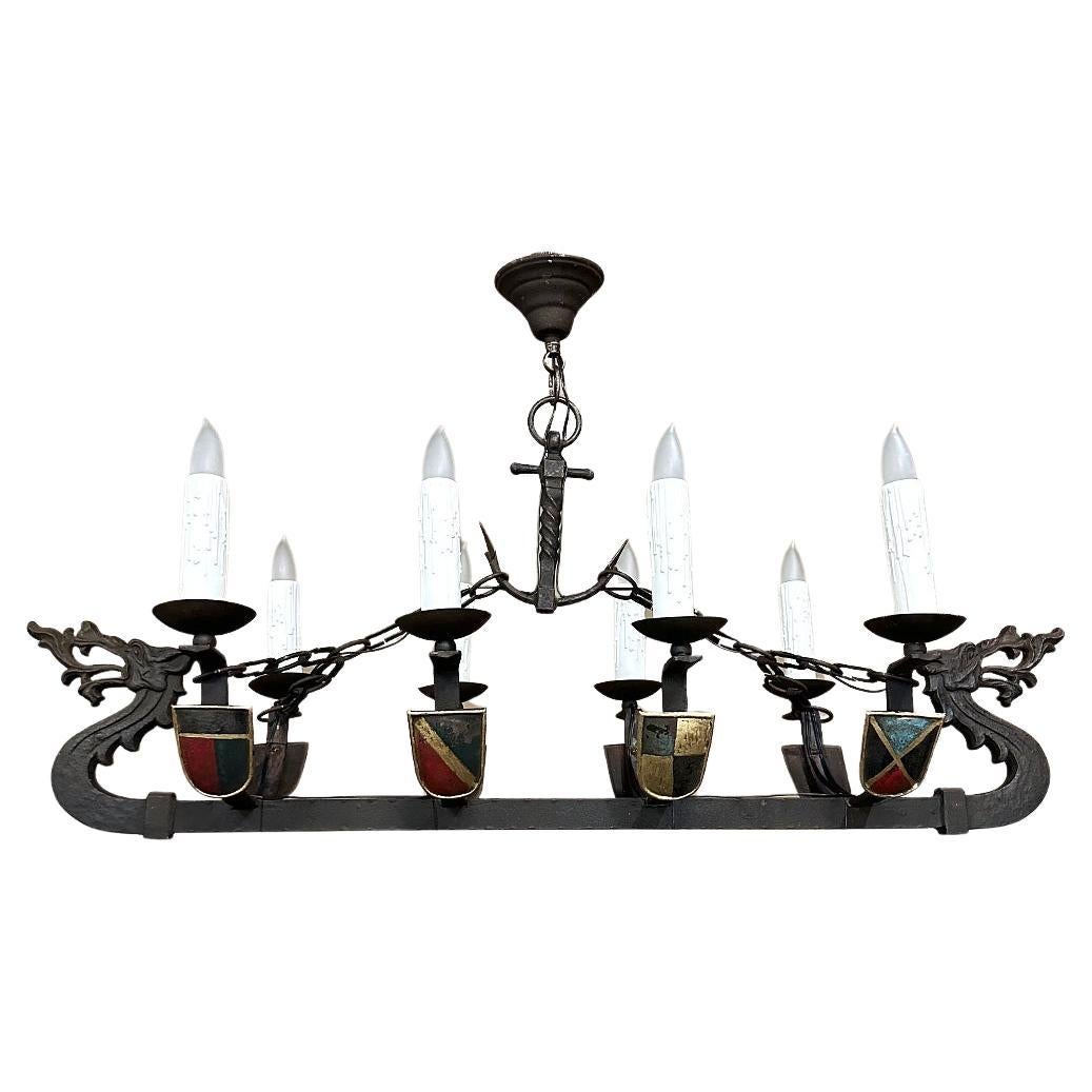 Antique French Wrought Iron Viking Long Boat Chandelier For Sale