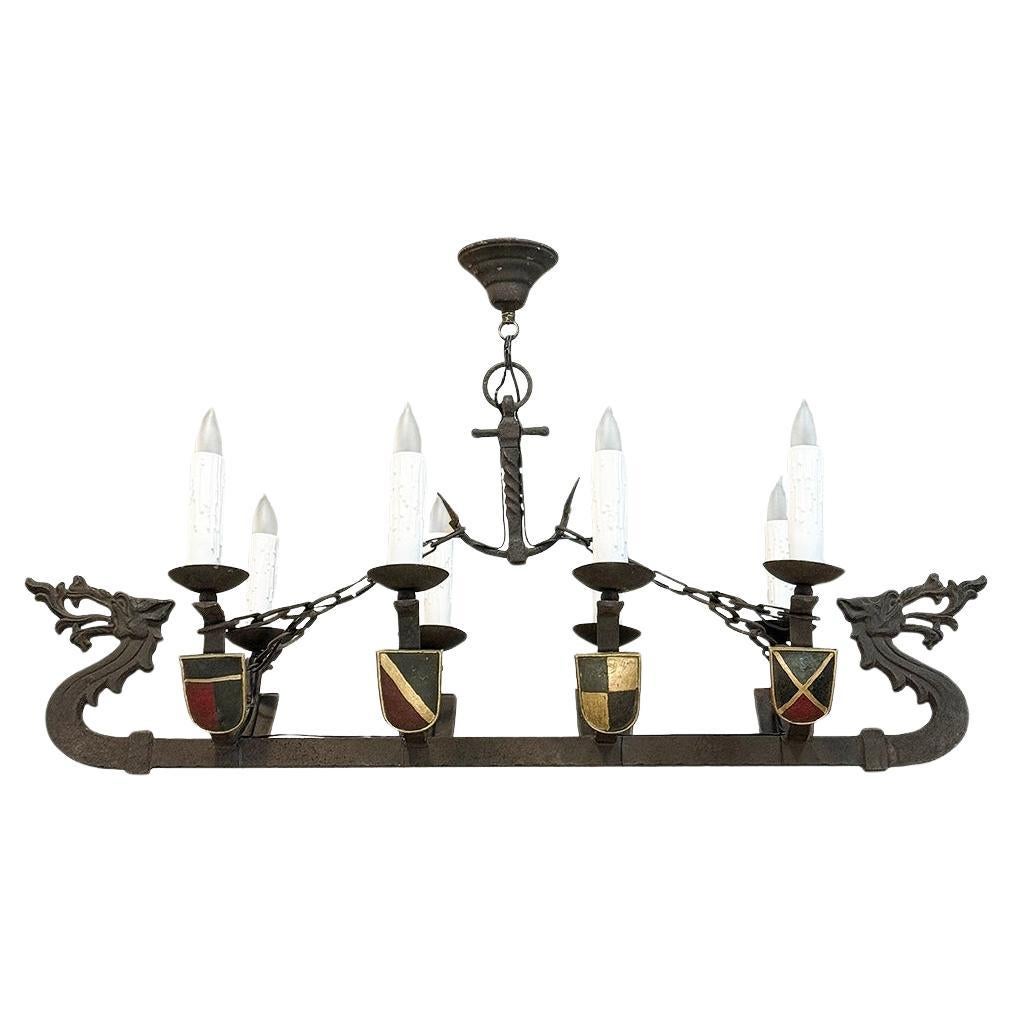 Antique French Wrought Iron Viking Long Boat Chandelier For Sale