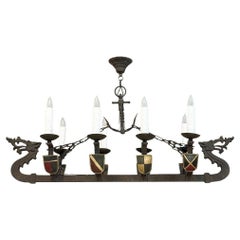 Antique French Wrought Iron Viking Long Boat Chandelier