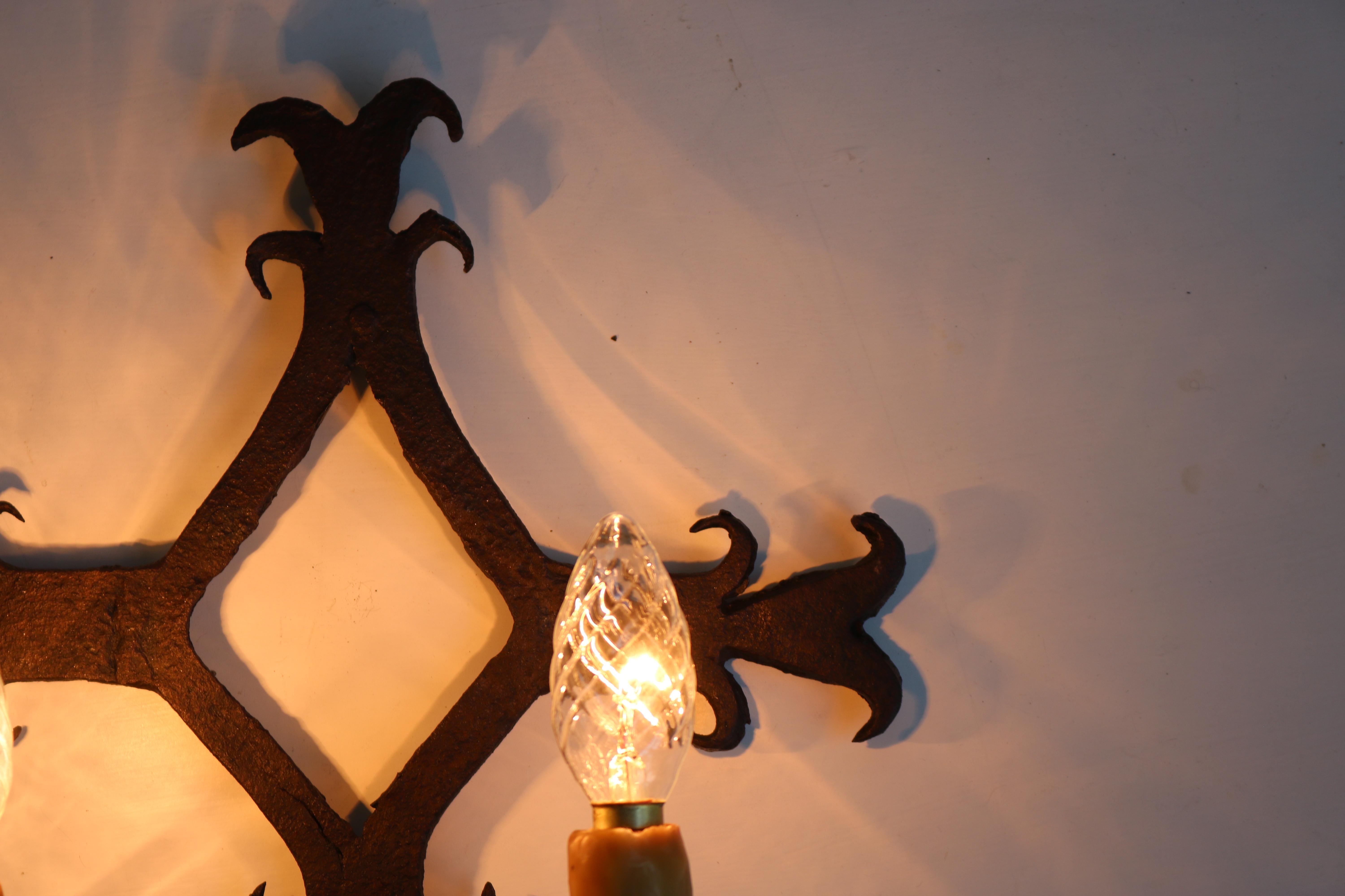 Antique French Wrought Iron Wall Lights / Sconces Spanish Style 1900 Arts Crafts For Sale 1